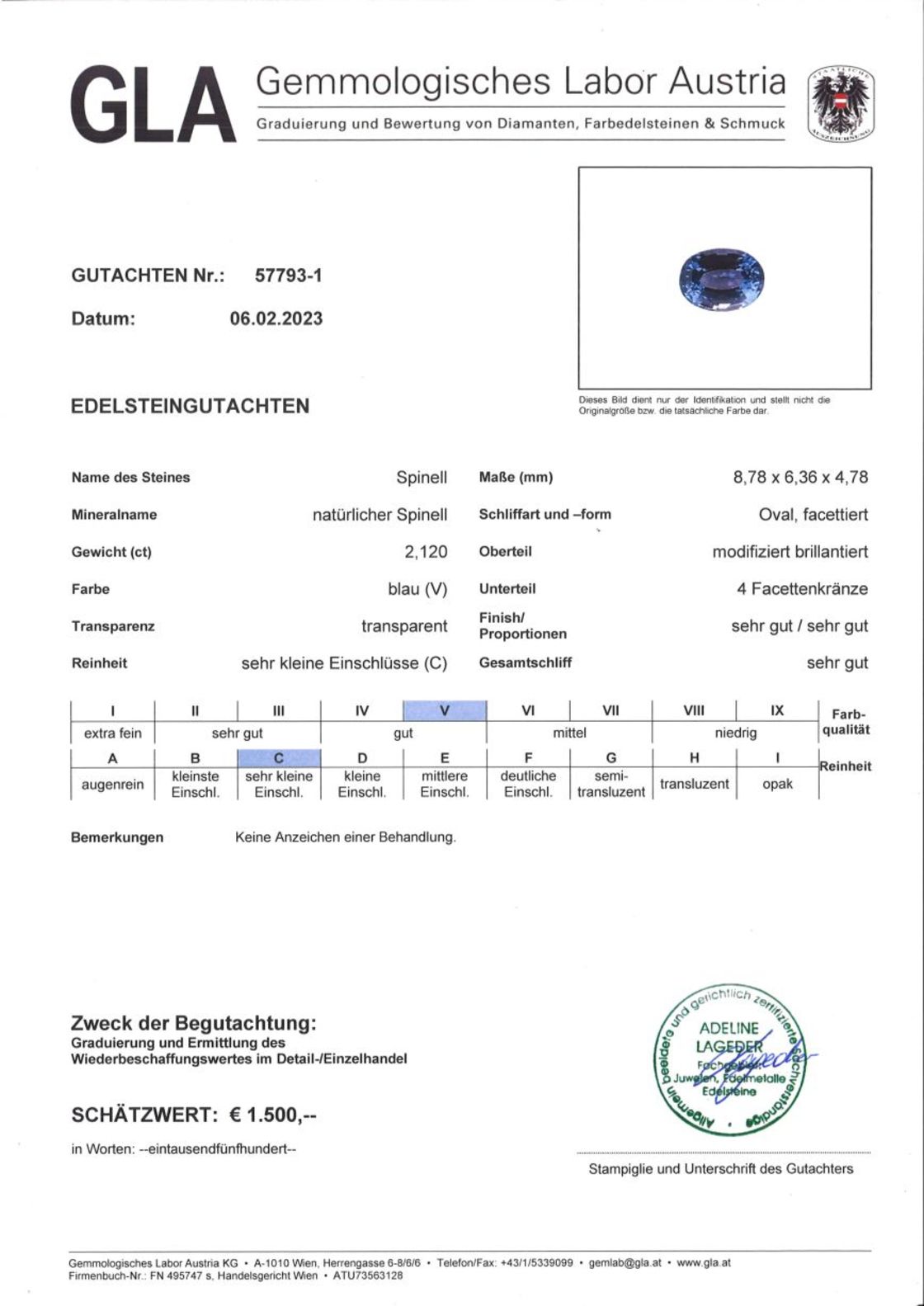 Spinell Ovalschliff blau unbehandelt 2,120 ct