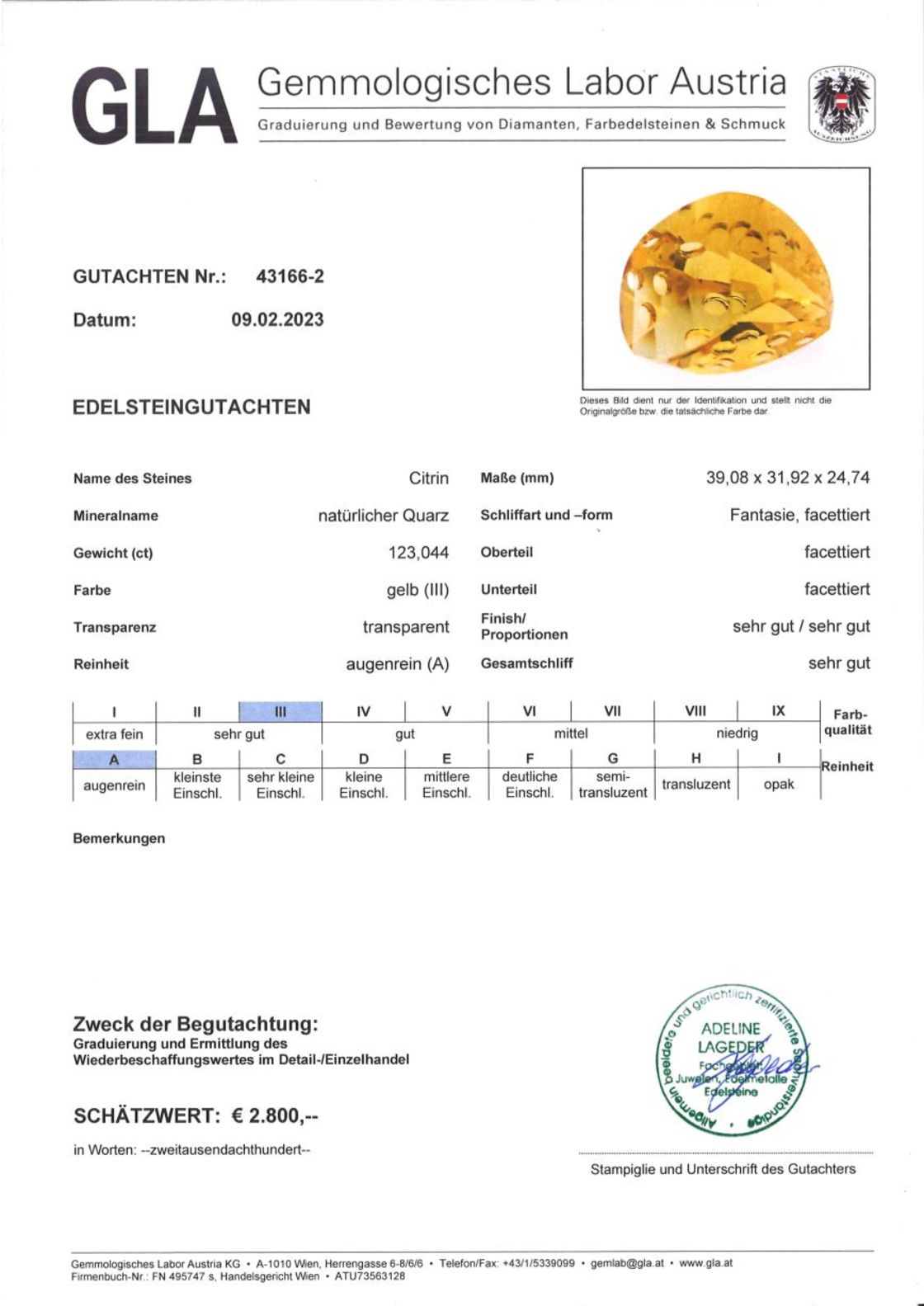 Citrin Fantasieschliff goldgelb 123,044 ct