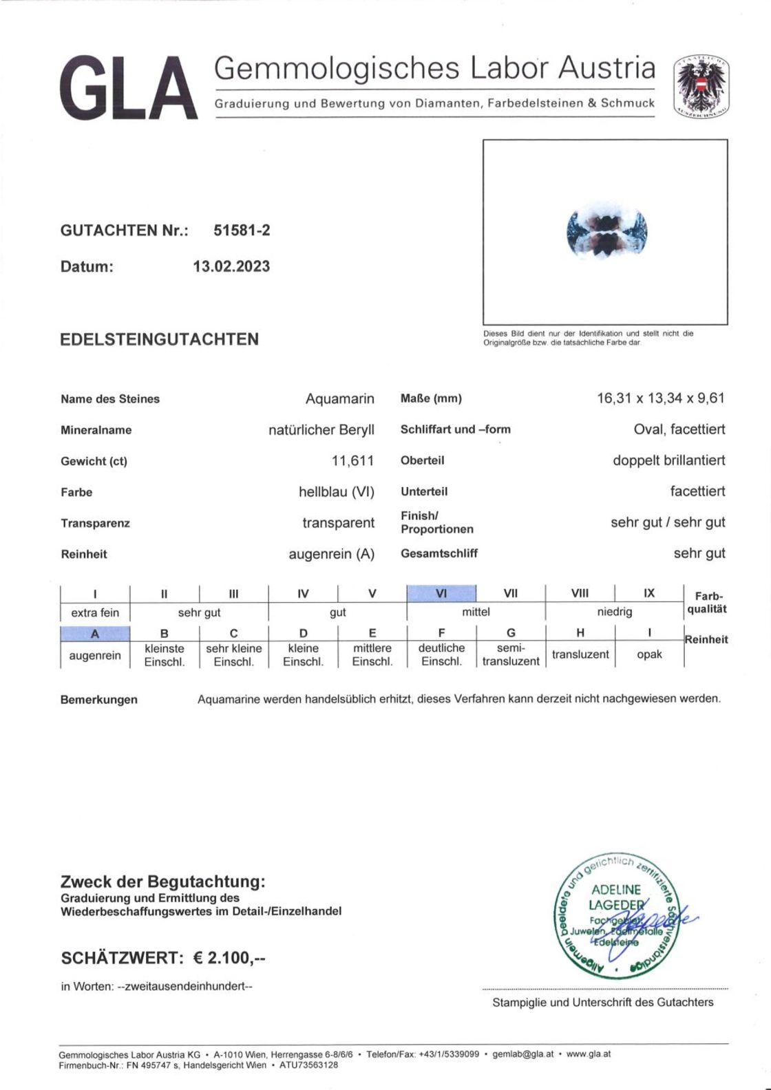 Aquamarin Ovalschliff hellblau 11,611 ct.