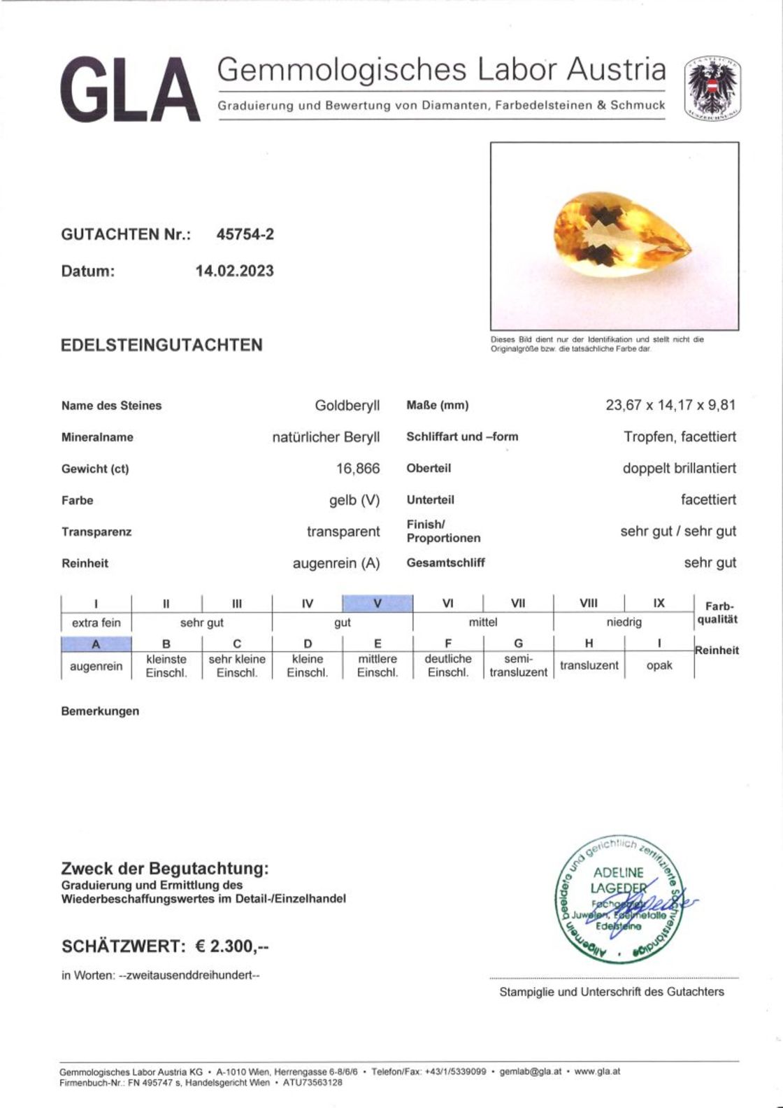 Goldberyll Tropfenschliff gelb 16,866 ct.