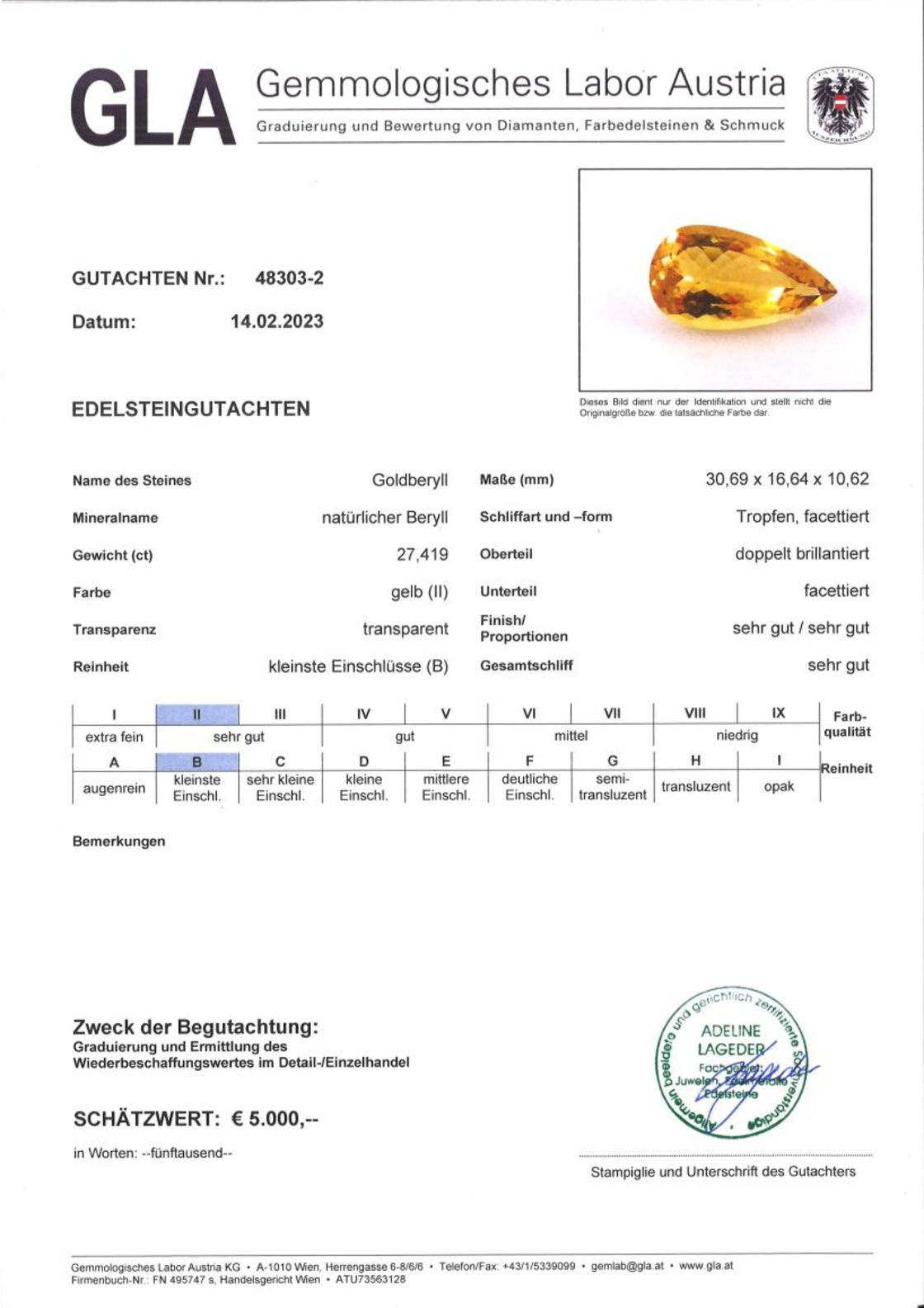 Goldberyll Tropfenschliff goldgelb 27,419 ct