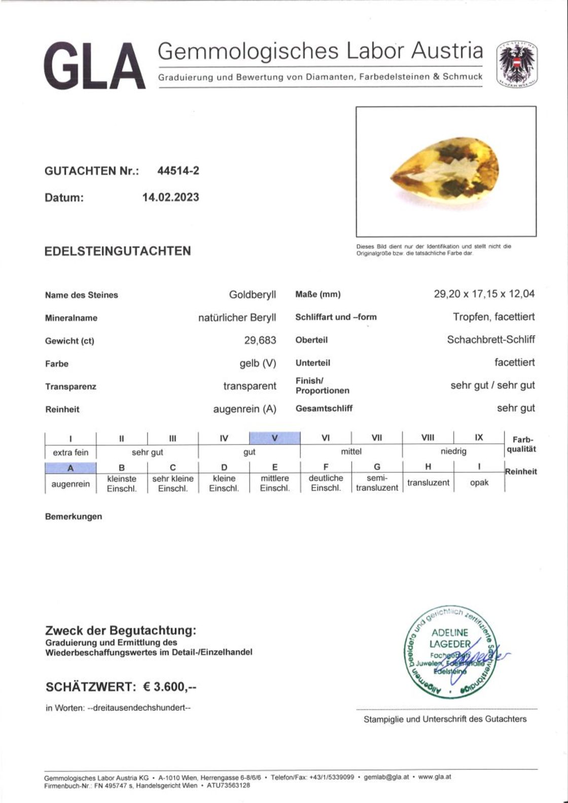 Goldberyll Tropfenschliff gelb 29,683 ct