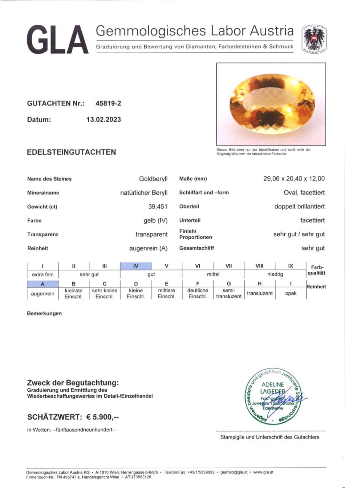 Goldberyll Ovalschliff goldgelb 39,451 ct