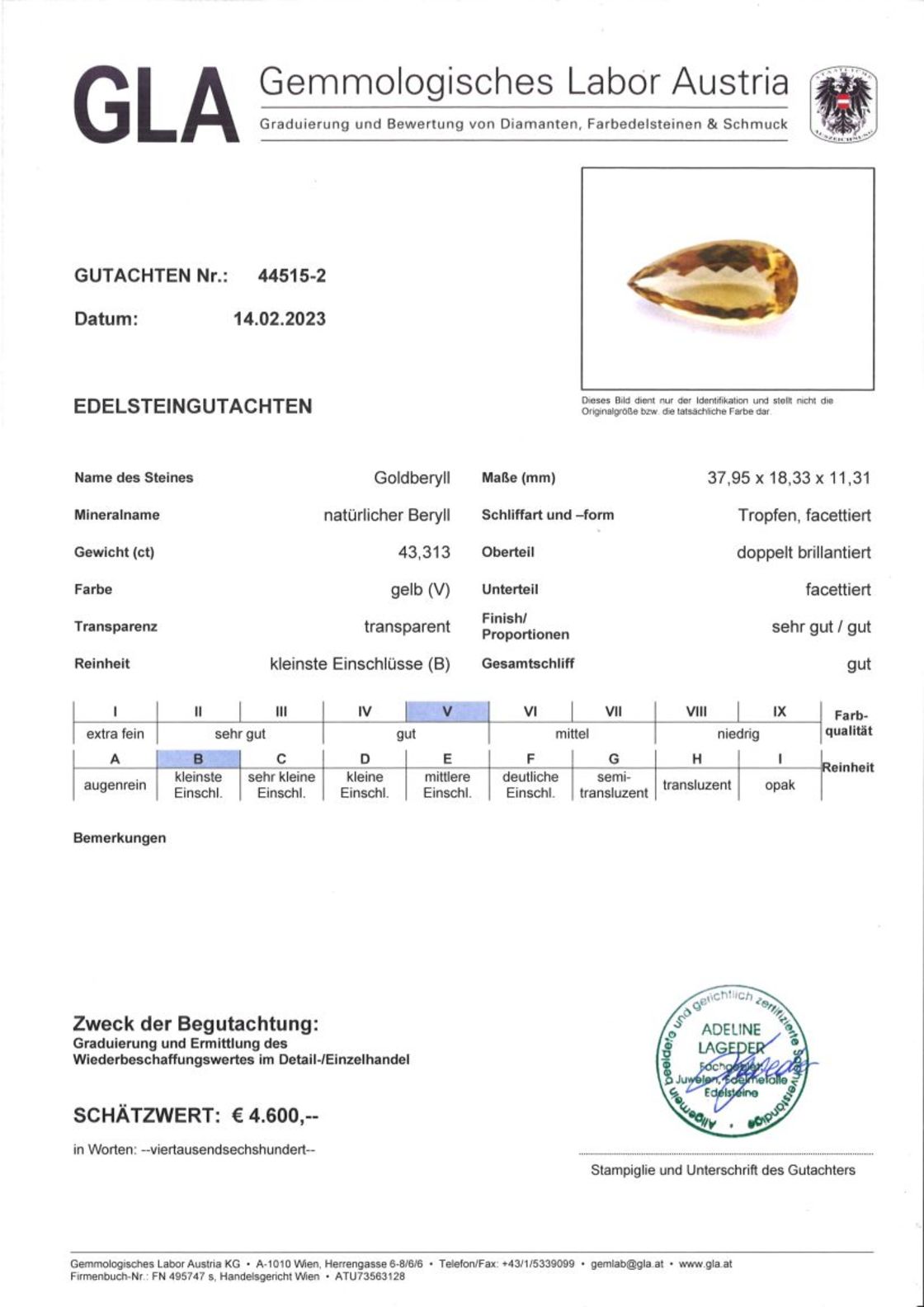 Goldberyll Tropfenschliff gelb 43,313 ct