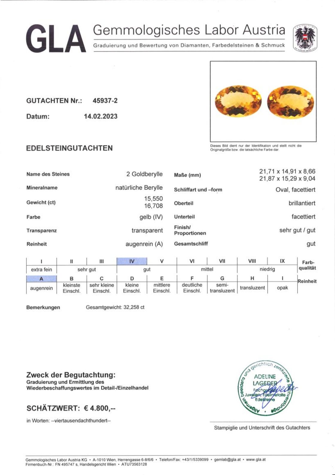 Gutachten zu Goldberyll Duo Oval 32,25 ct