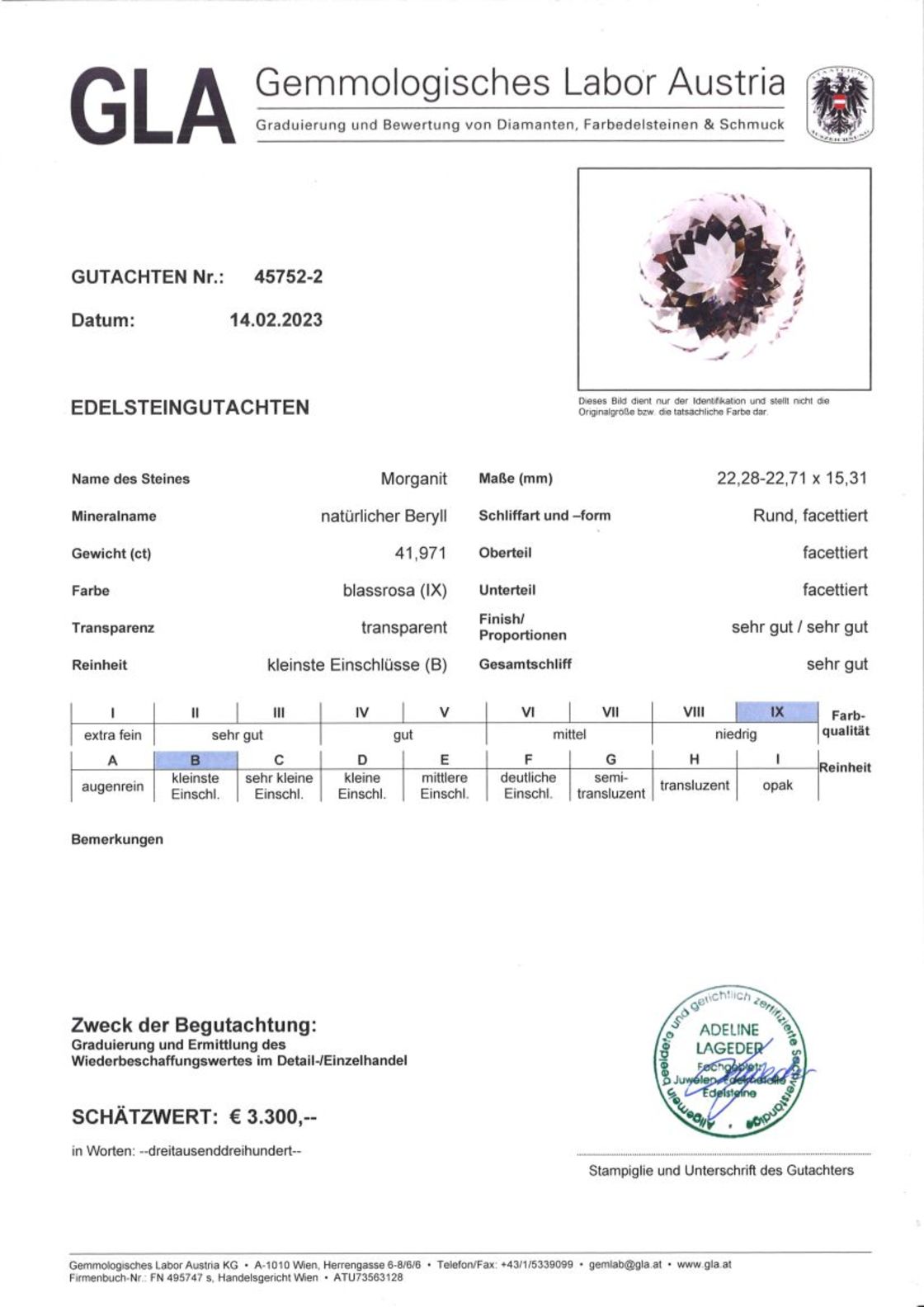 Gutachten zu Morganit rund blassrosa 41,97 ct