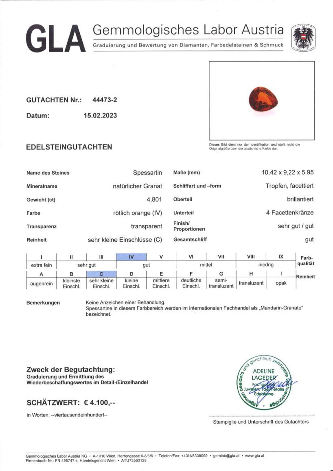 Mandarin Granat Tropfenschliff rötlich-orange 4,801 ct
