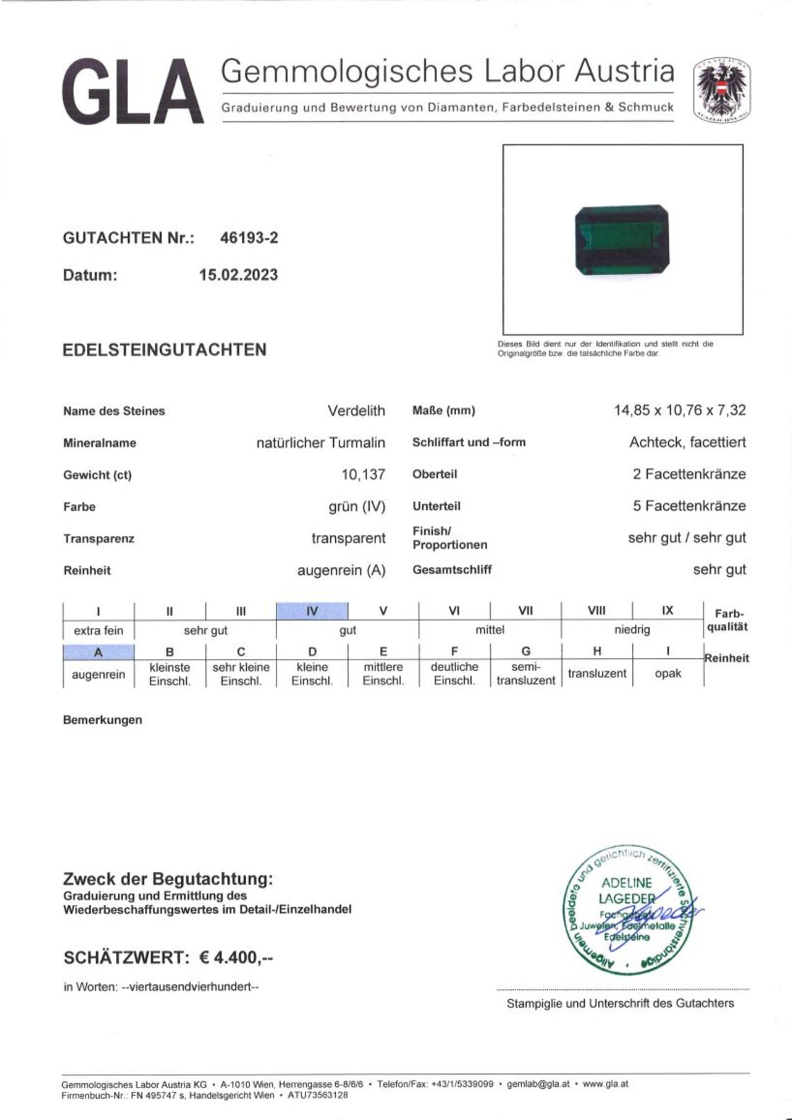 Gutachten zu Verdelith Turmalin octagon 10,13 ct
