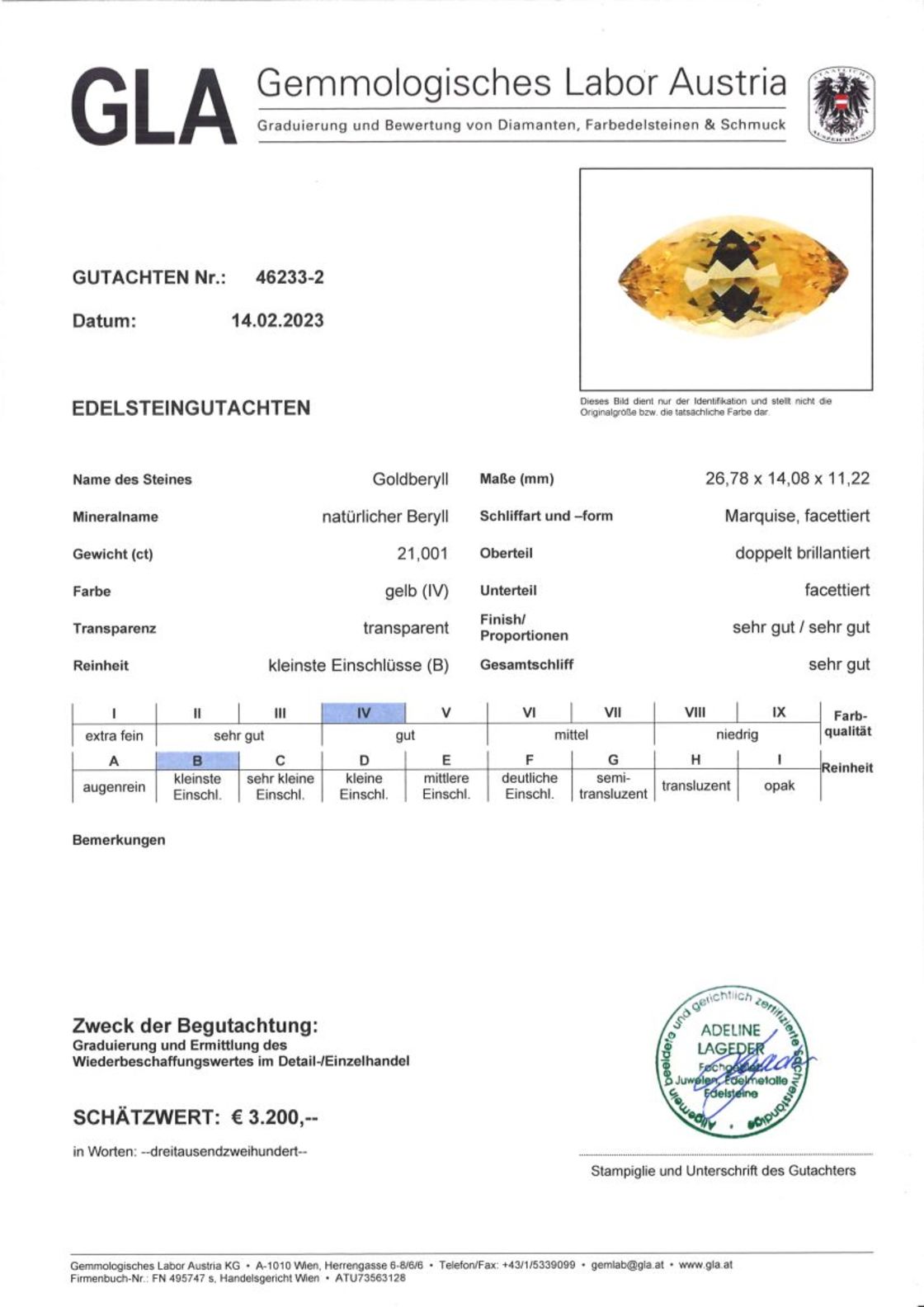 Goldberyll Navetteschliff goldgelb 21,001 ct