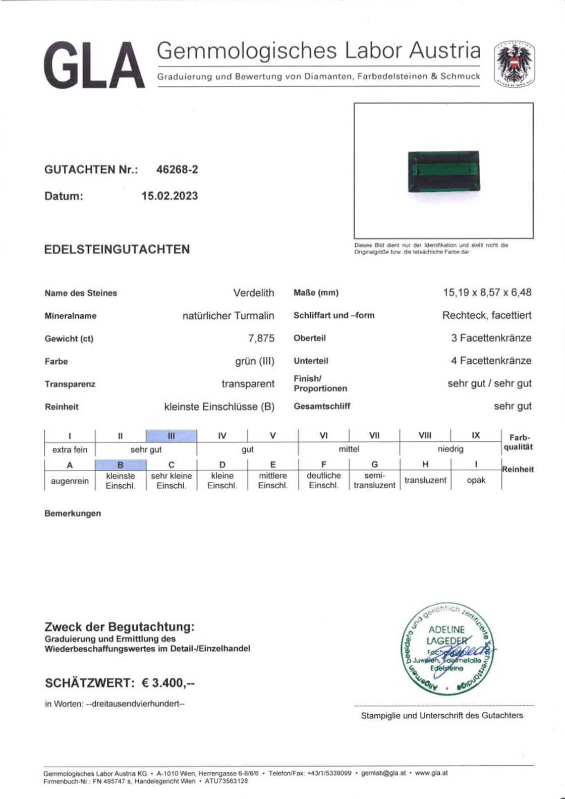 Gutachten zu Verdelith Turmalin Rechteck grün 7,87 ct.