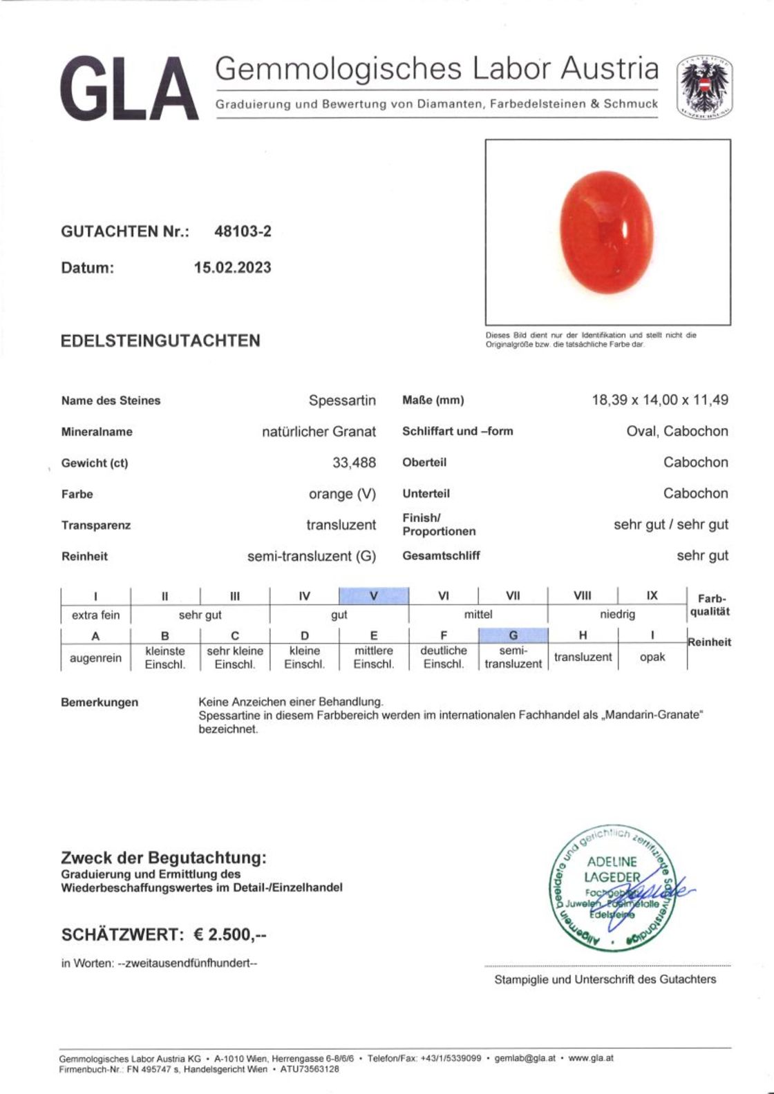 Mandarin-Granat Cabochonschliff oval orange 33,388 ct