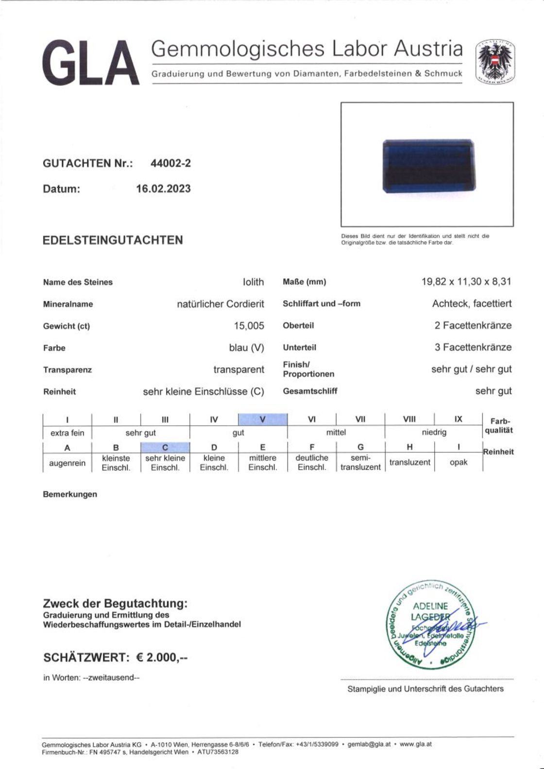 Gutachten zu Iolith Rechteck 15,00 ct