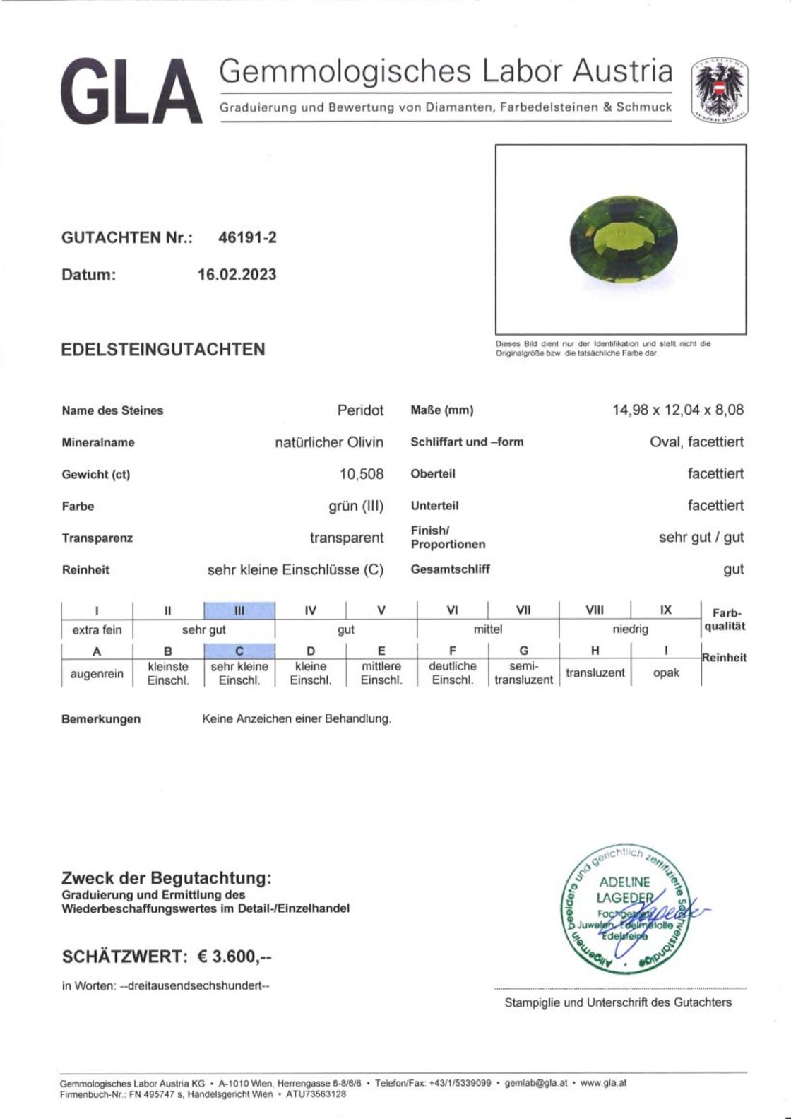 Gutachten zu Peridot oval green 10.50 ct