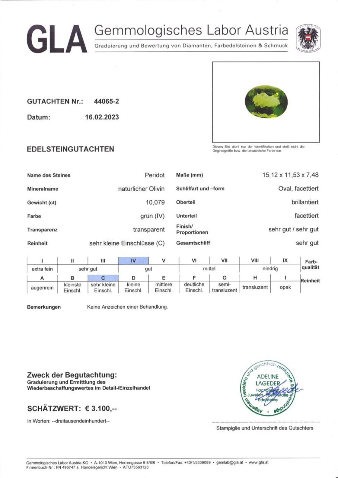 Peridot Ovalschliff grün unbehandelt 10,079 ct