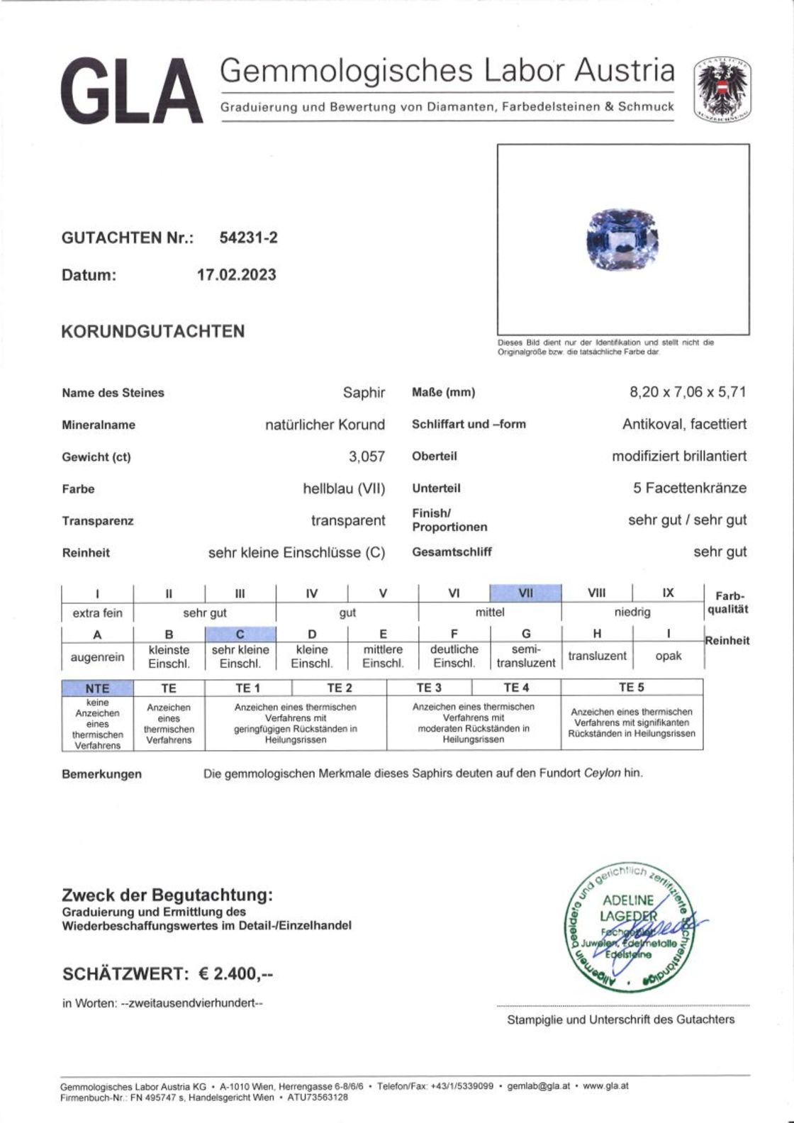Hellblauer Saphir Antikovalschliff unbehandelt 3,057 ct