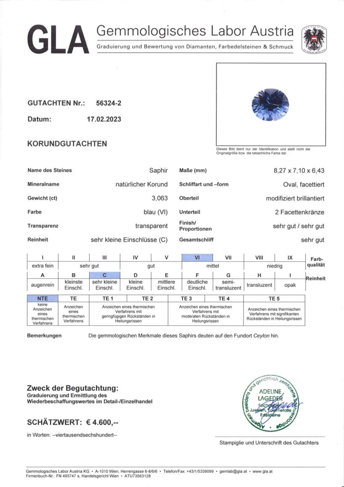 Blauer Saphir Ovalschliff unbehandelt 3,063 ct