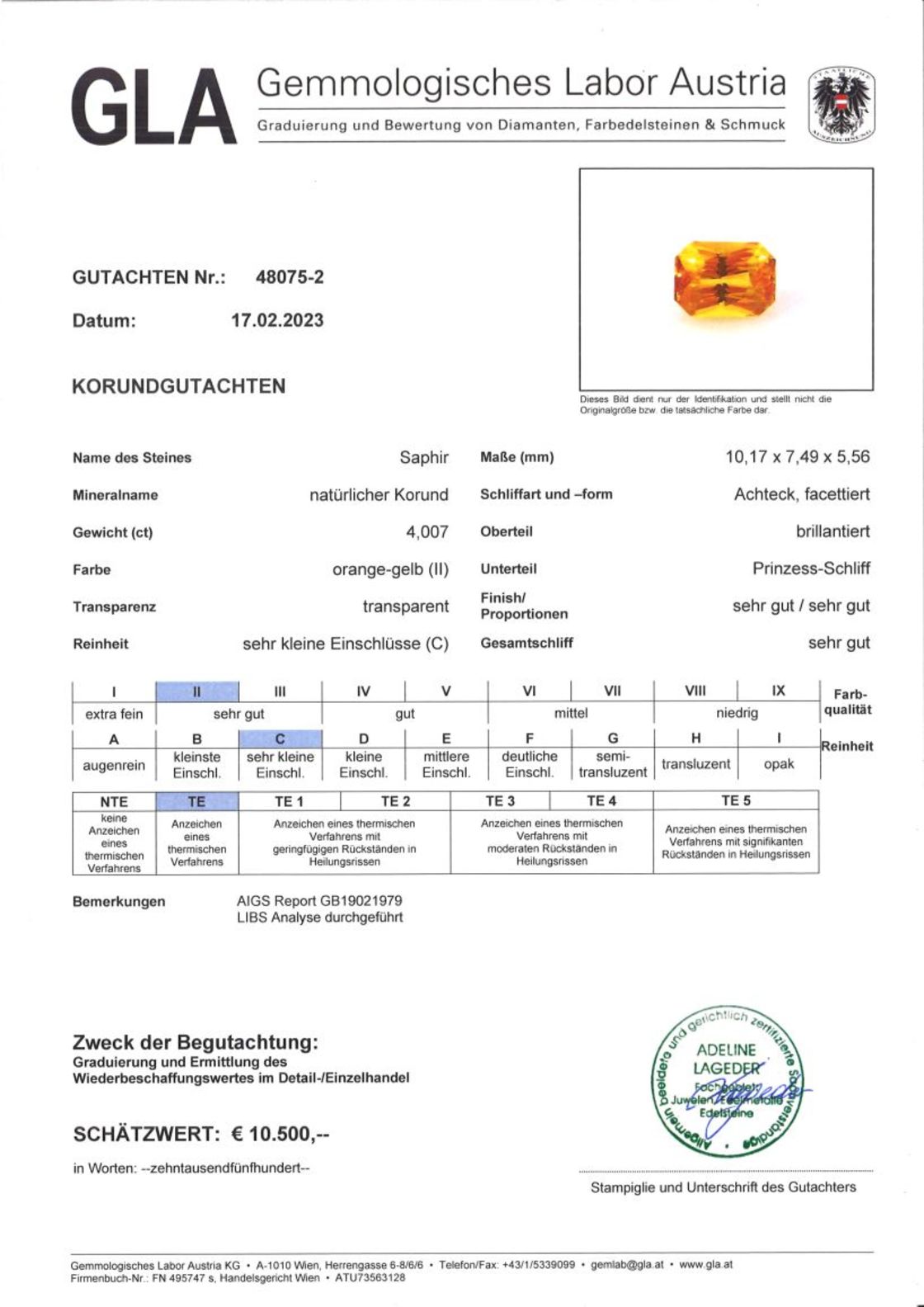 Gelboranger Saphir Achteck-Princessschliff 4,007 ct