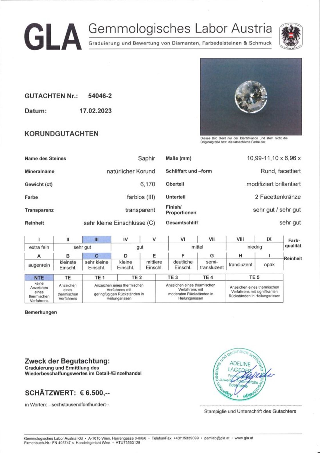 Farbloser Saphir Rundschliff unbehandelt 6,170 ct.