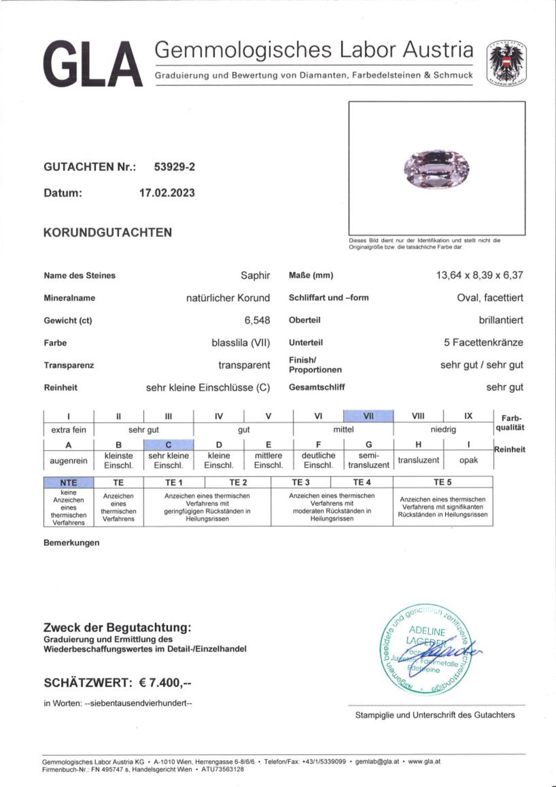 Lila Saphir Ovalschliff unbehandelt 6,548 ct