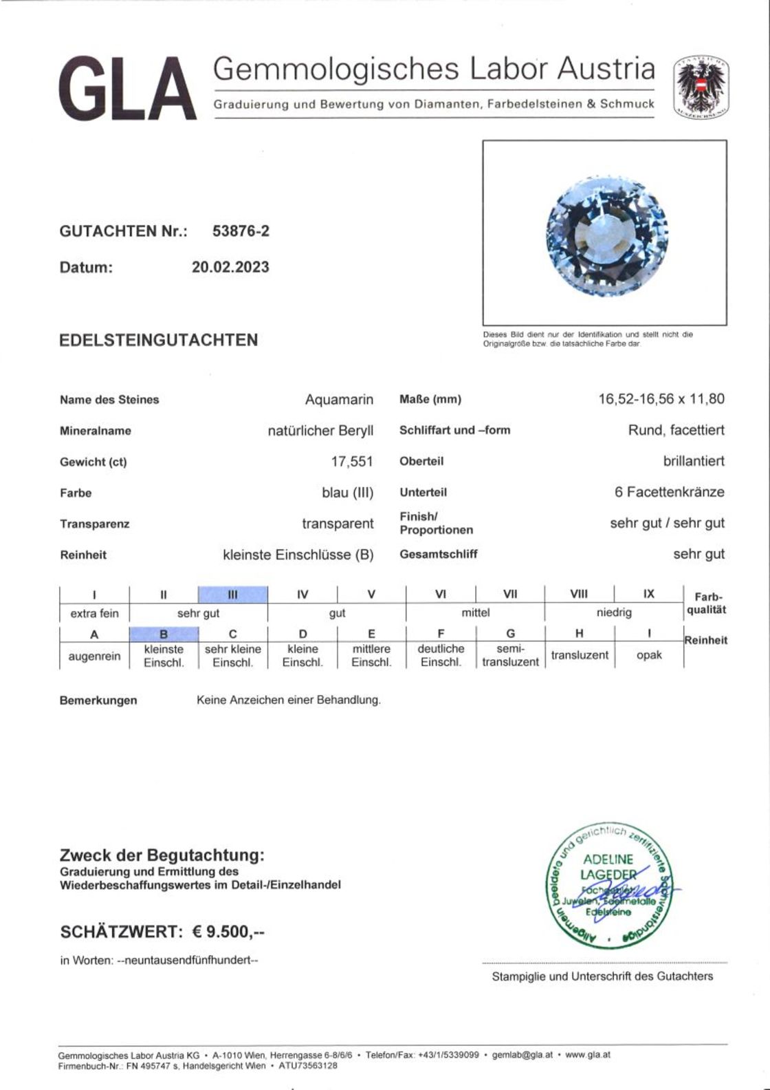 Aquamarin Rundschliff hellblau unbehandelt 17,551 ct.