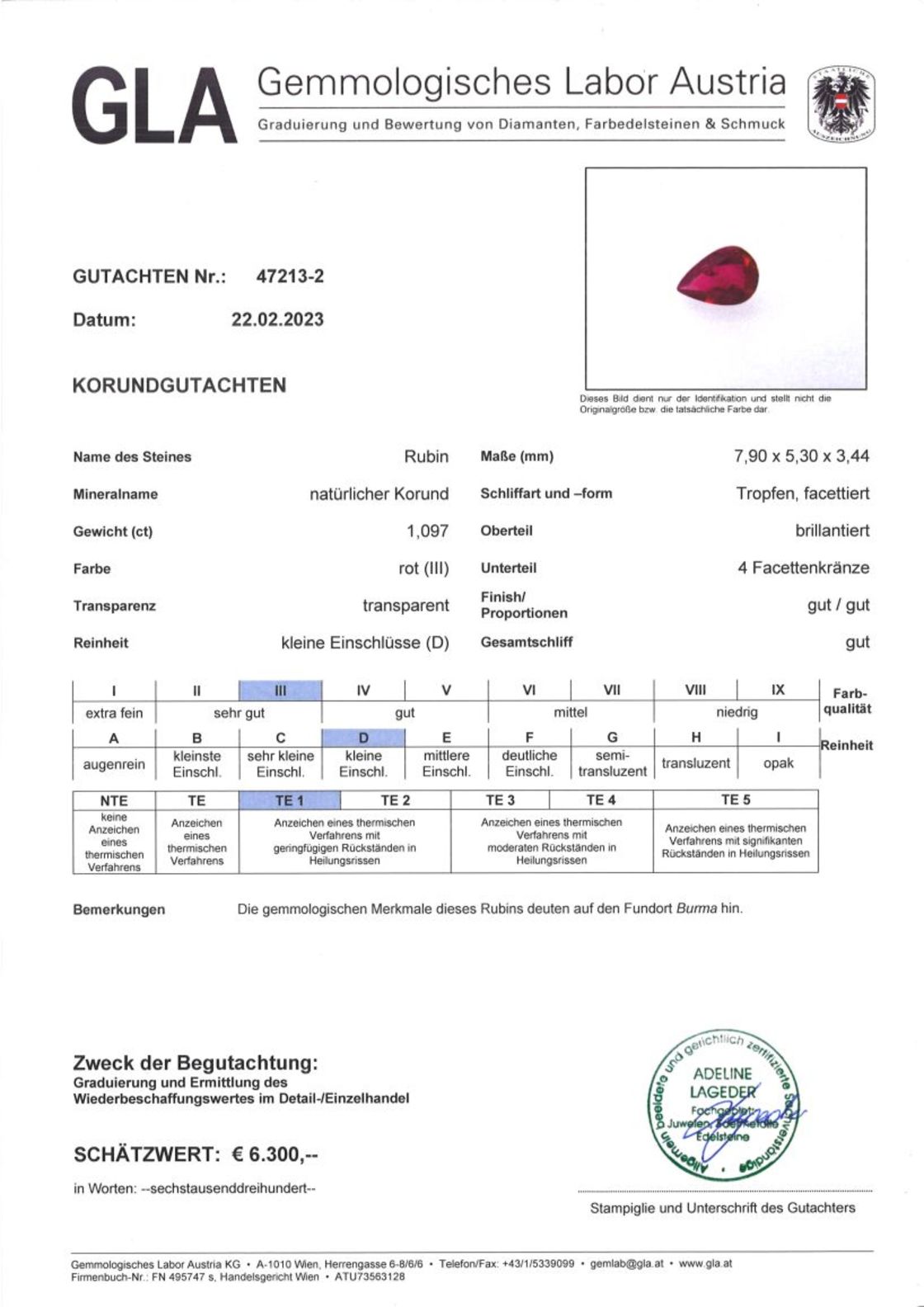 Burma Rubin Tropfenschliff rot 1,097 ct.