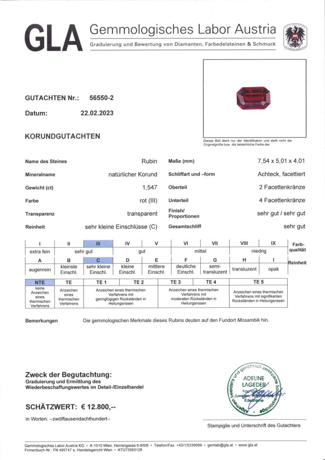 Unbehandelter Rubin Achteckschliff rot 1,547 ct.