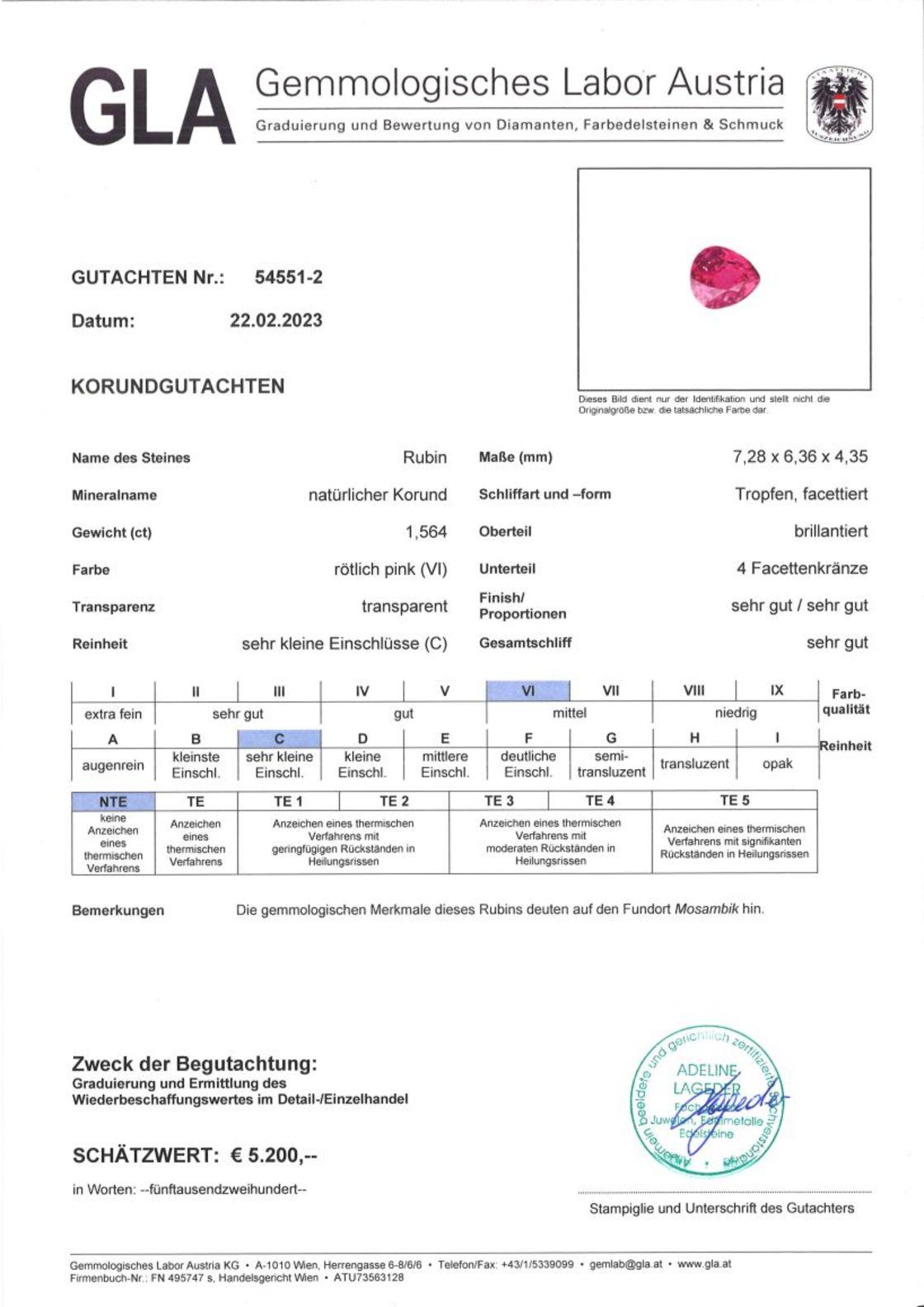 Unbehandelter Rubin Tropfenschliff rötlich-pink 1,564 ct.