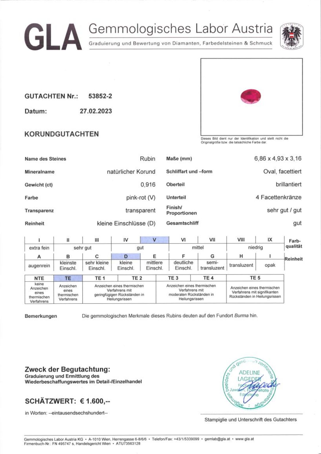 Burma Rubin Ovalschliff pink-rot 0,916 ct.