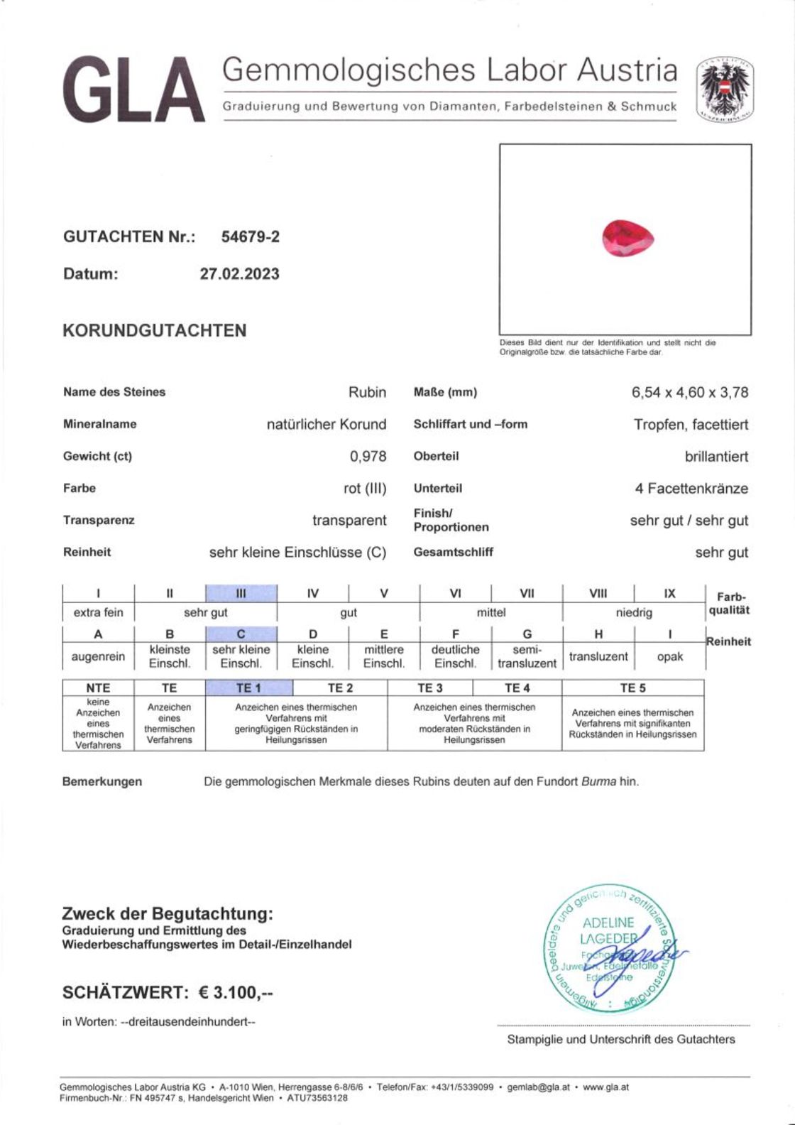 Burma Rubin Tropfenschliff rot 0,978 ct.