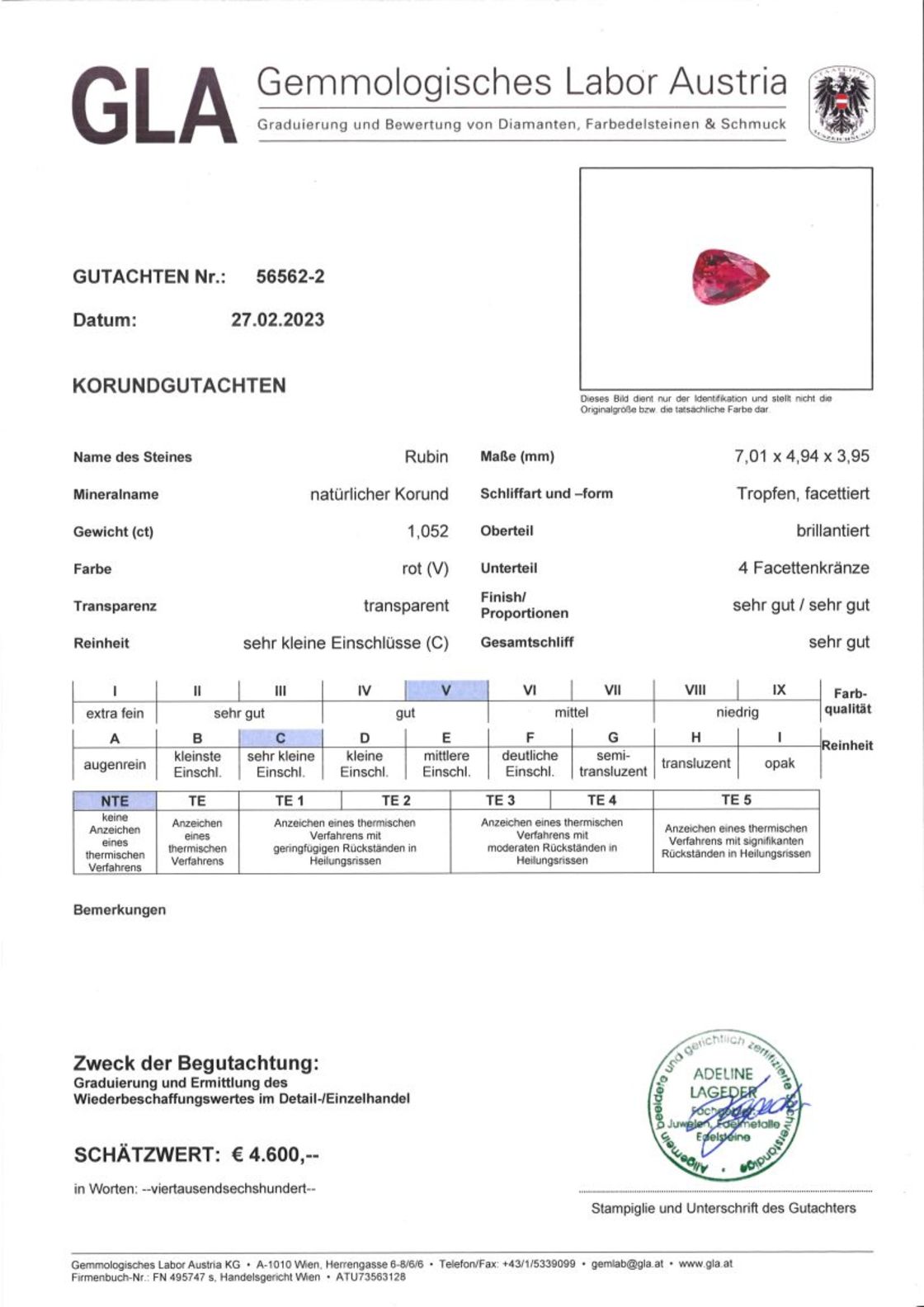 Unbehandelter Rubin Tropfenschliff rot 1,052 ct.