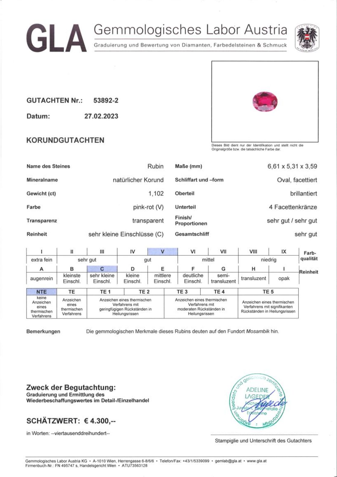 Unbehandelter Rubin Ovalschliff pink-rot 1,102 ct.