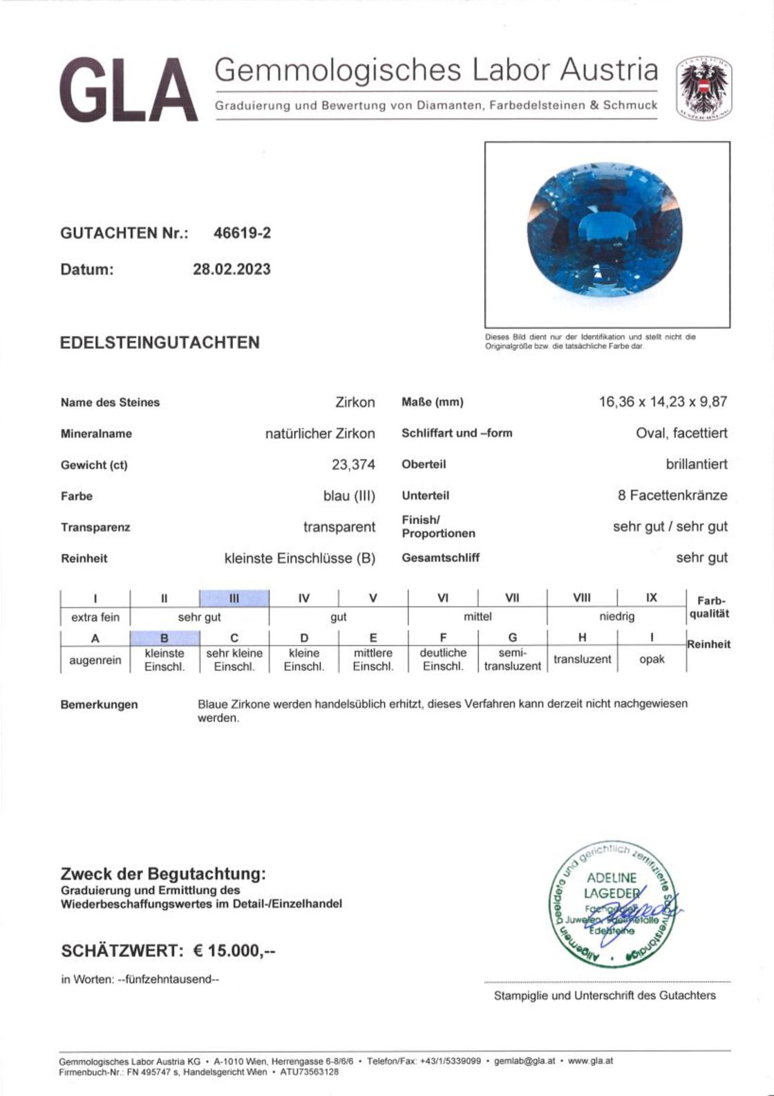 Zirkon Ovalschliff intensives Blau 23,374 ct