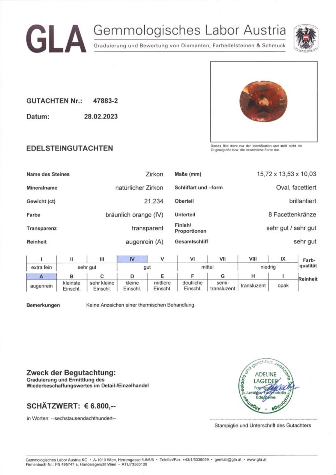 Gutachten zu Zirkon oval orangebraun 21,23 ct