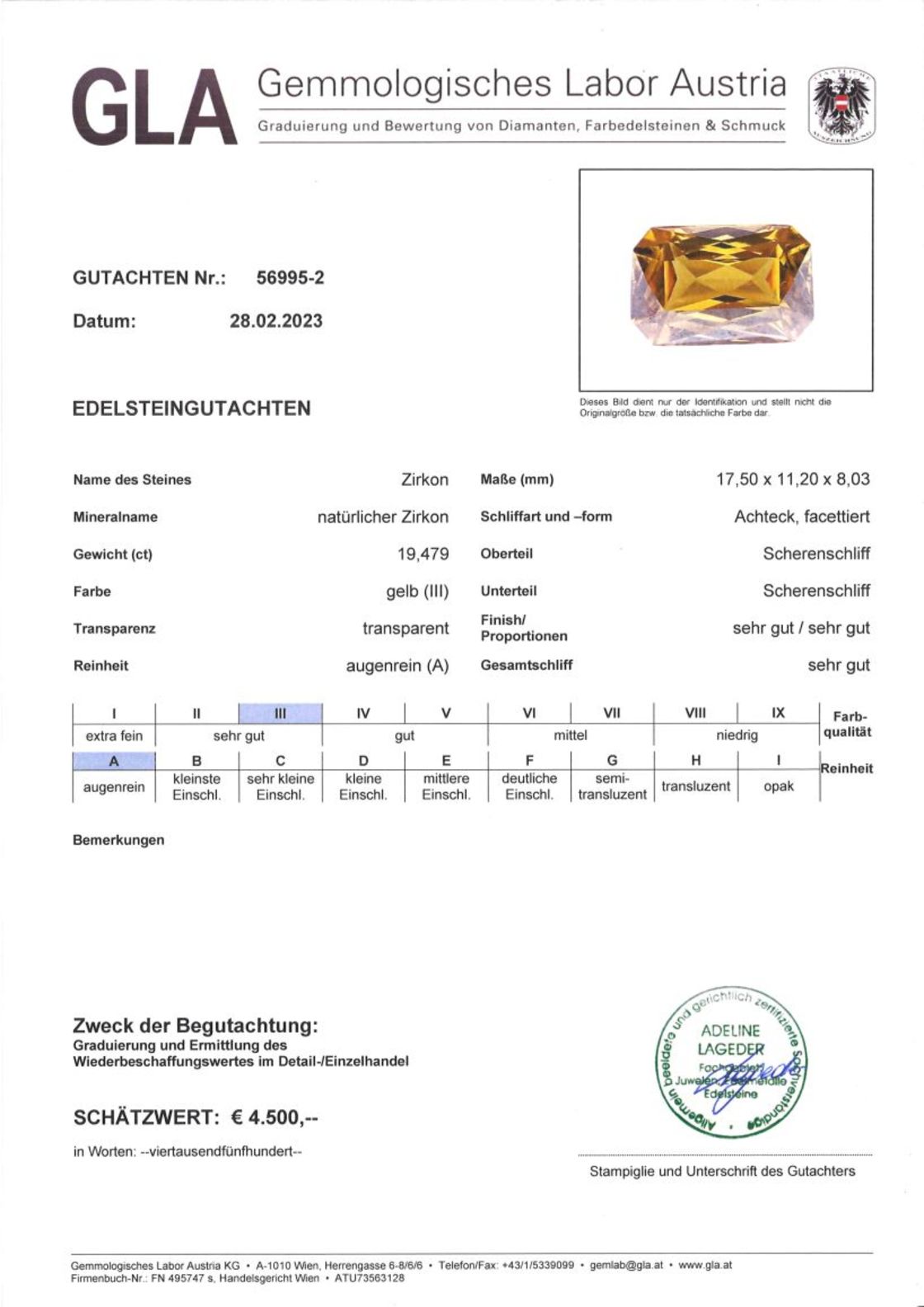 Zirkon Achteckschliff gelb 19,479 ct