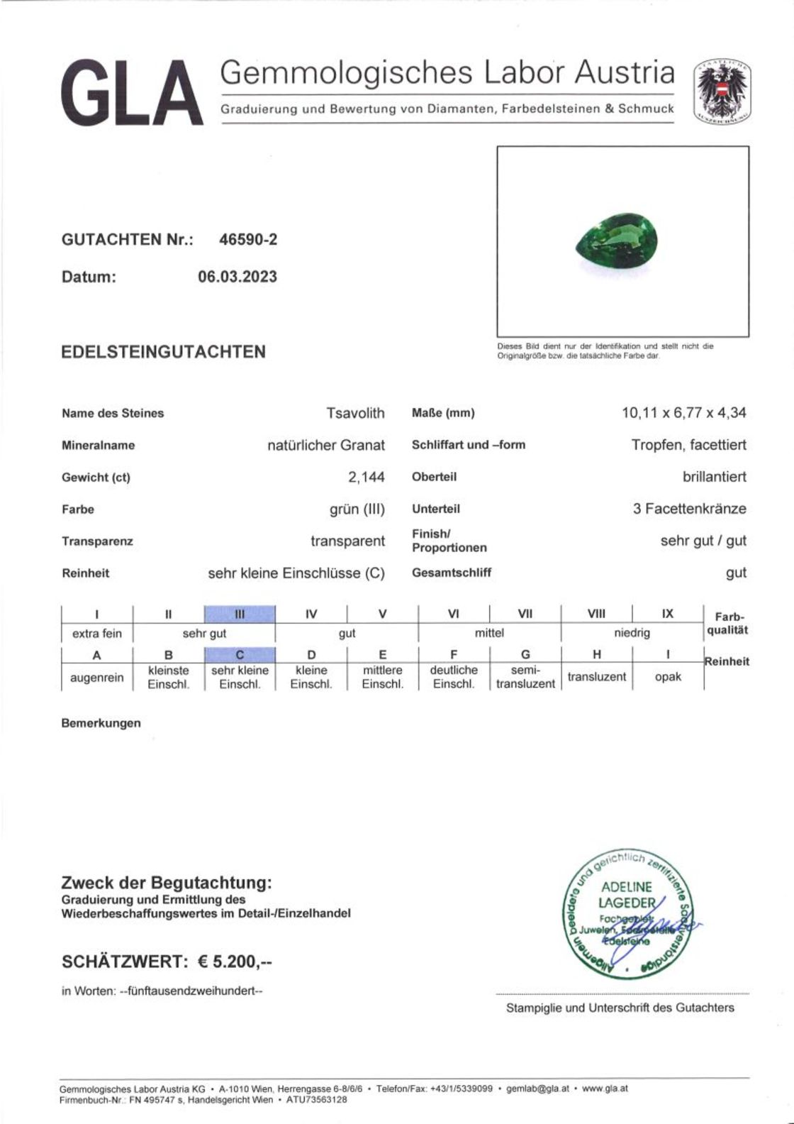 Tsavorit Granat Tropfenschliff intensives Grün 2,144 ct