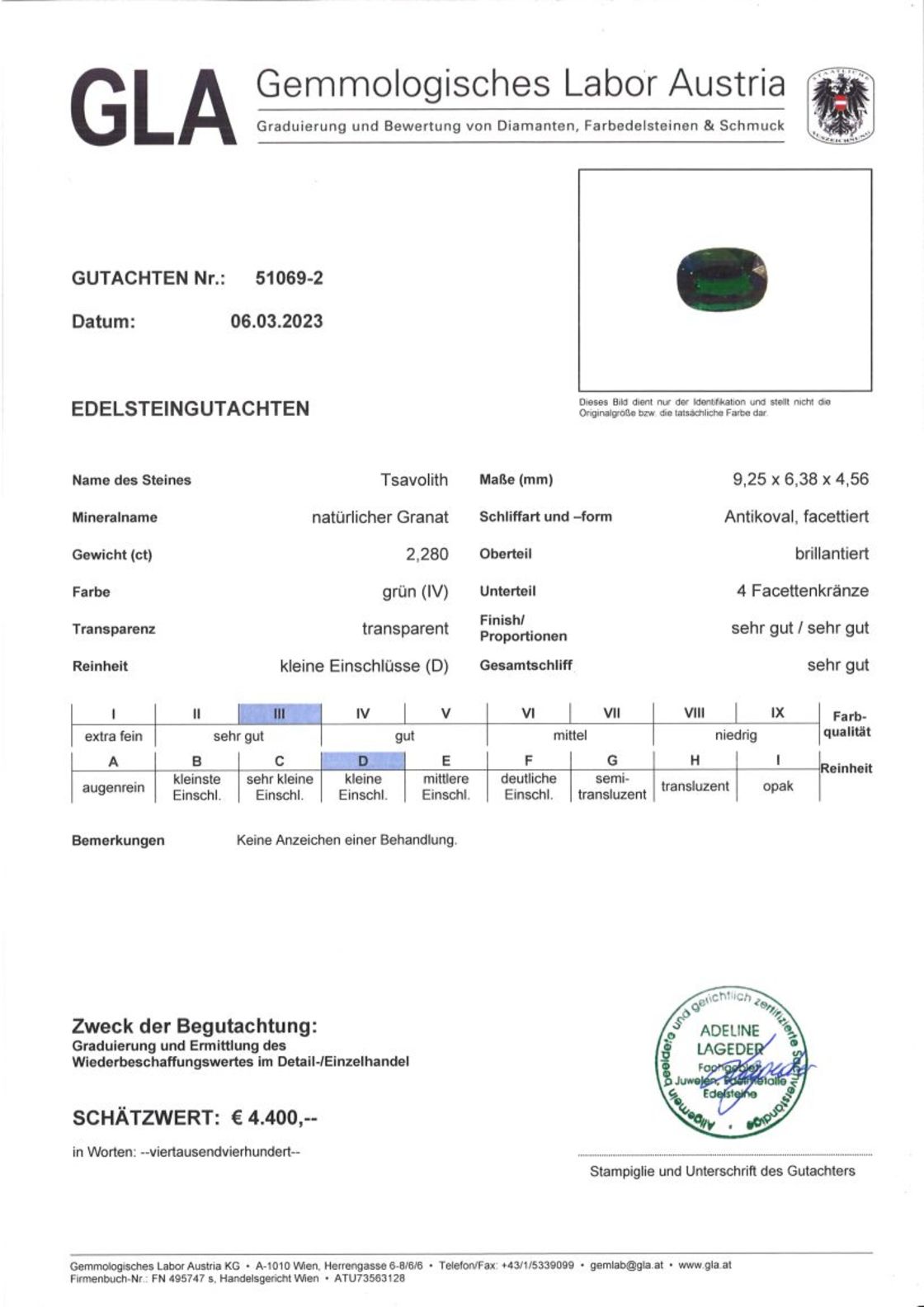 Tsavorit Granat Antikovalschiff dunkelgrün 2,280 ct