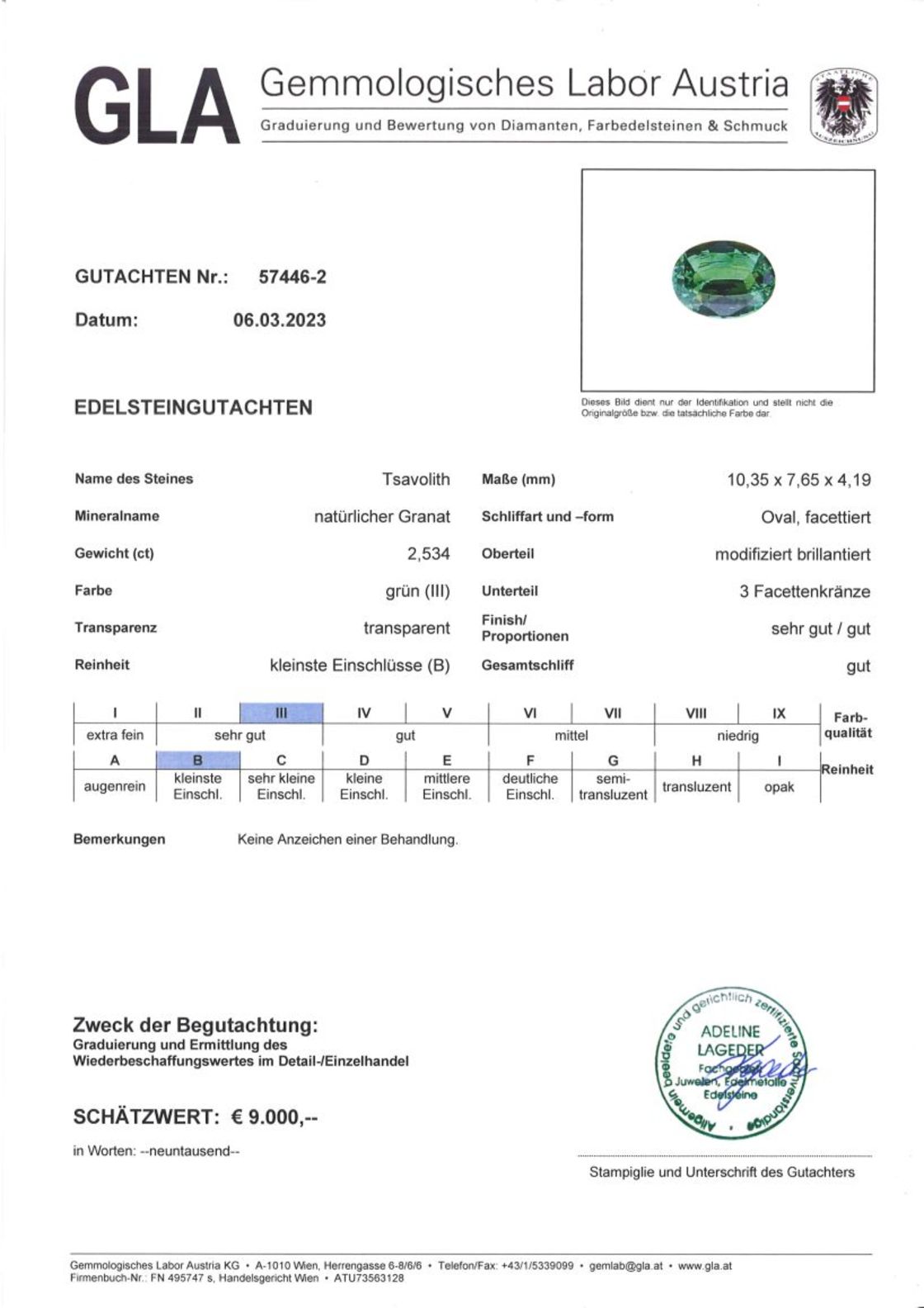 Gutachten zu Tsavorite Garnet Ovalschliff intense green 2.53 ct