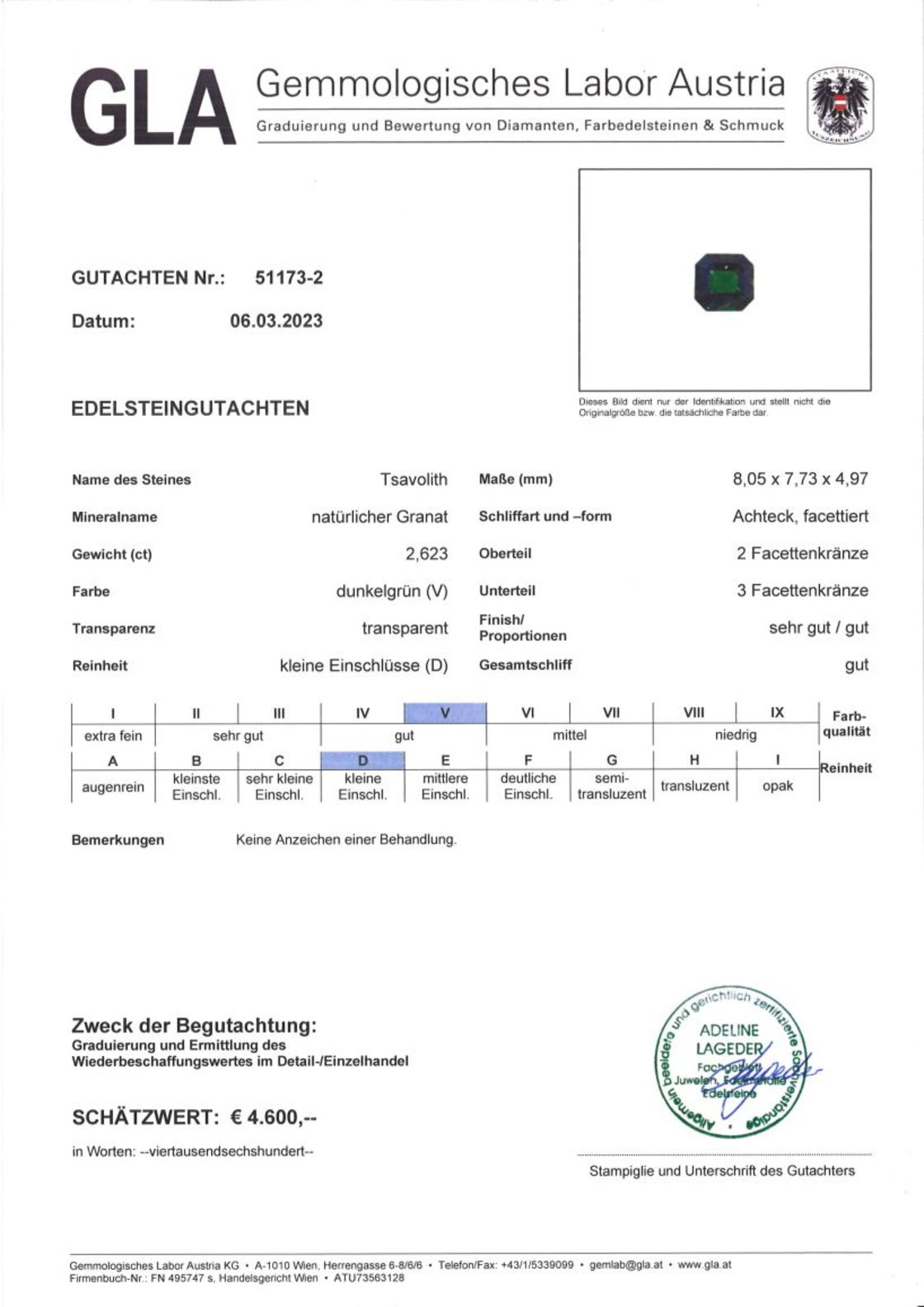 Tsavorit Granat Achteckschliff dunkelgrün 2,623 ct