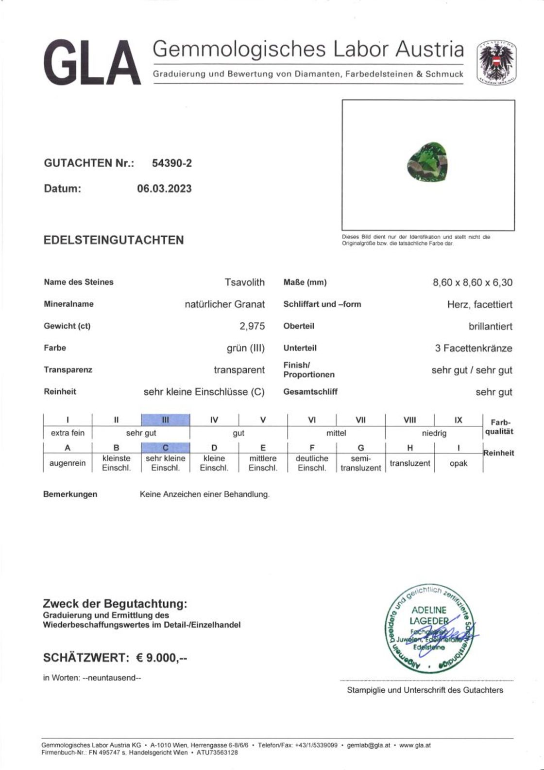 Tsavorit Granat Herzschliff intensives Grün 2,975 ct