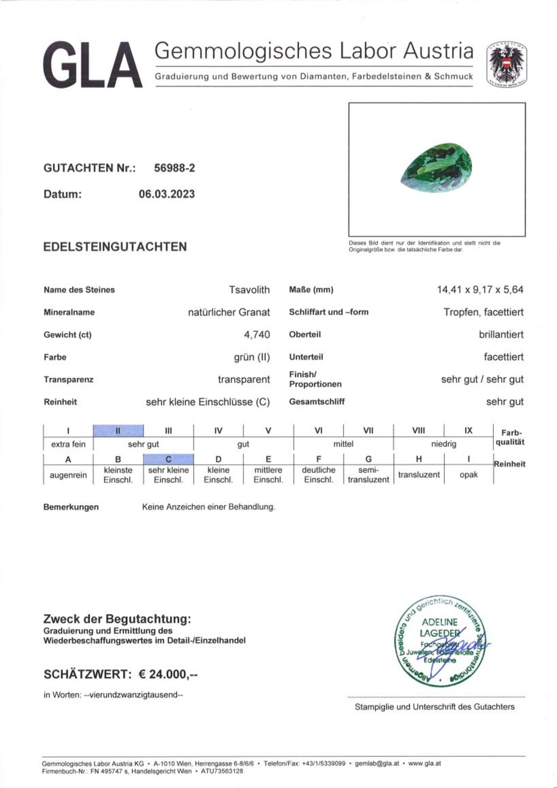 Tsavorit Granat Tropfenschliff intensives Grün 4,740 ct