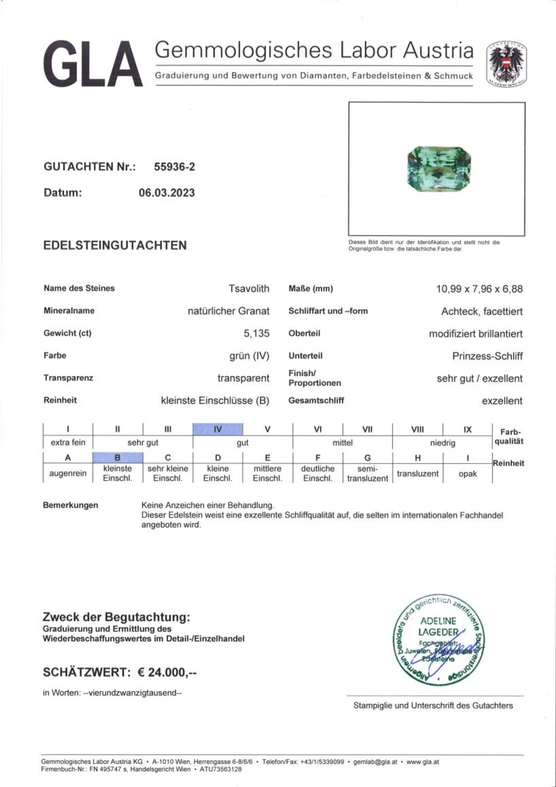 Tsavorit Granat Achteck-Princess facettiert grün 5,135 ct