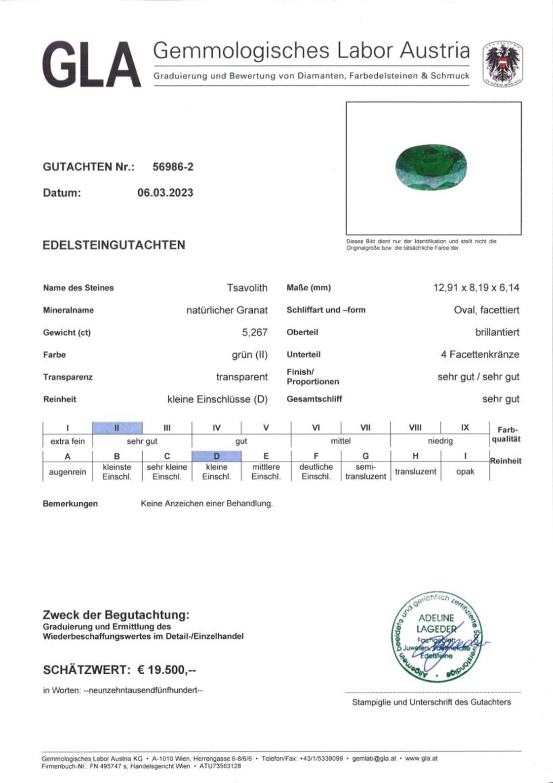Gutachten zu Tsavorit Granat oval intensives Grün 5,26 ct
