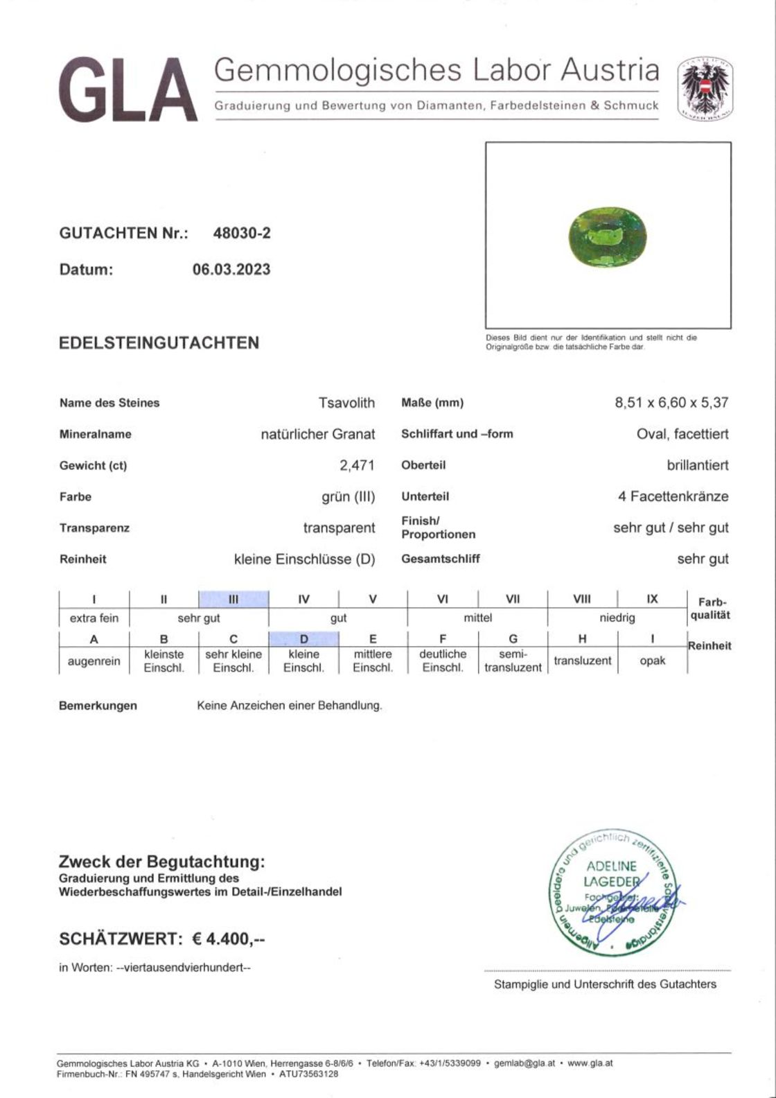 Tsavorit Granat Ovalschliff intensives Grün 2,471 ct