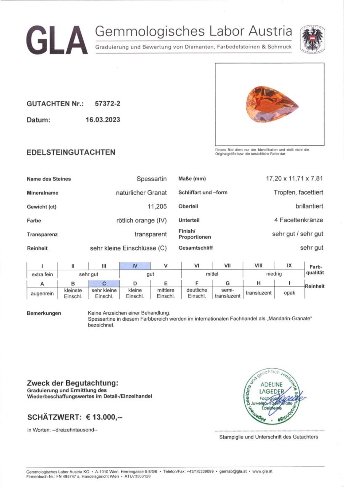 Mandarin Granat Tropfenschliff rötlich-orange 11,205 ct