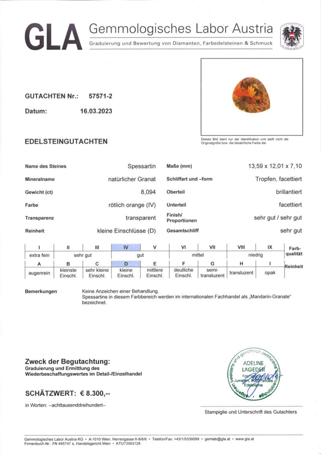 Mandarin Granat Tropfenschliff rötlich-orange 8,094 ct.