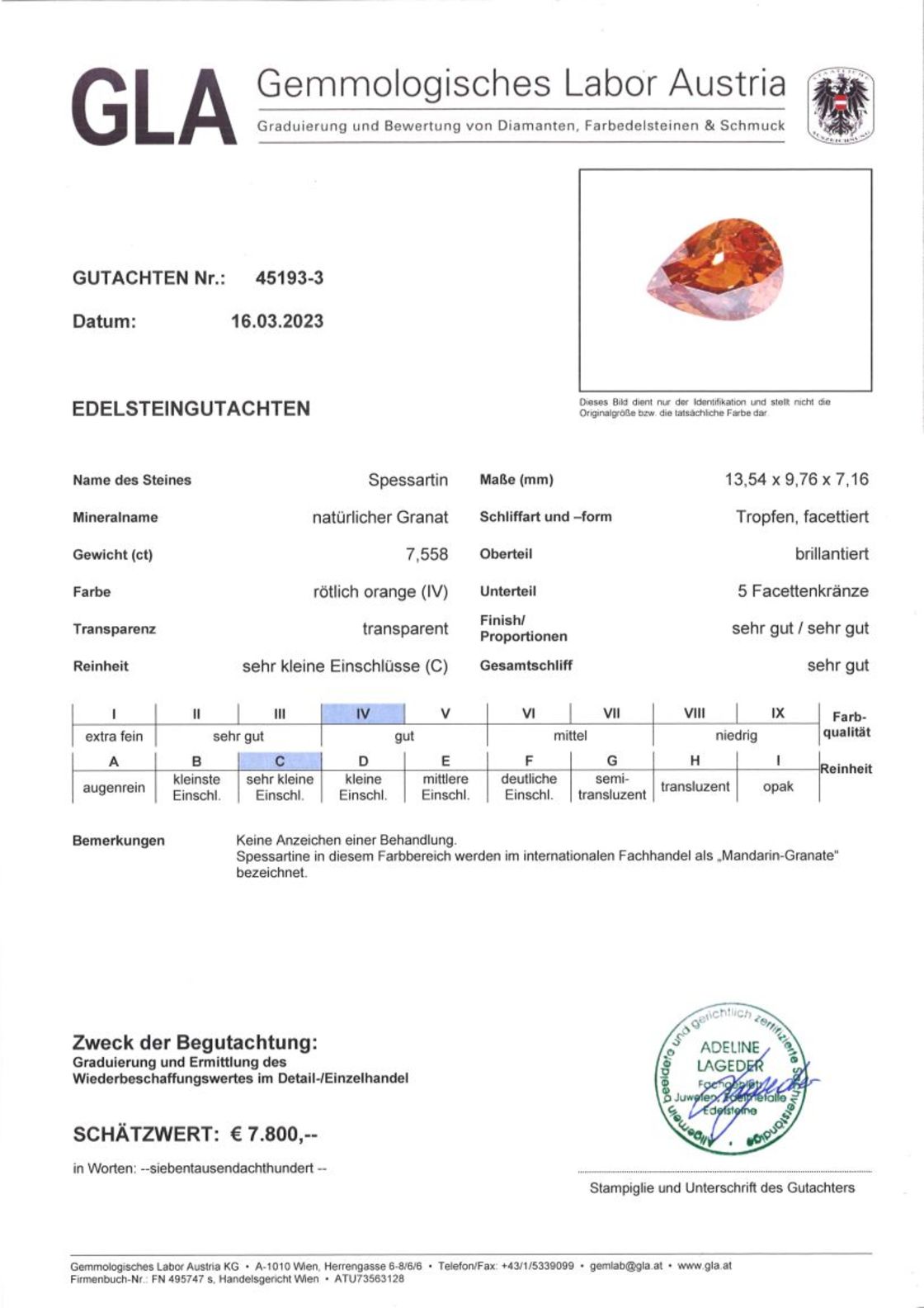 Mandarin Granat Tropfenschliff rötlich-orange 7,558 ct