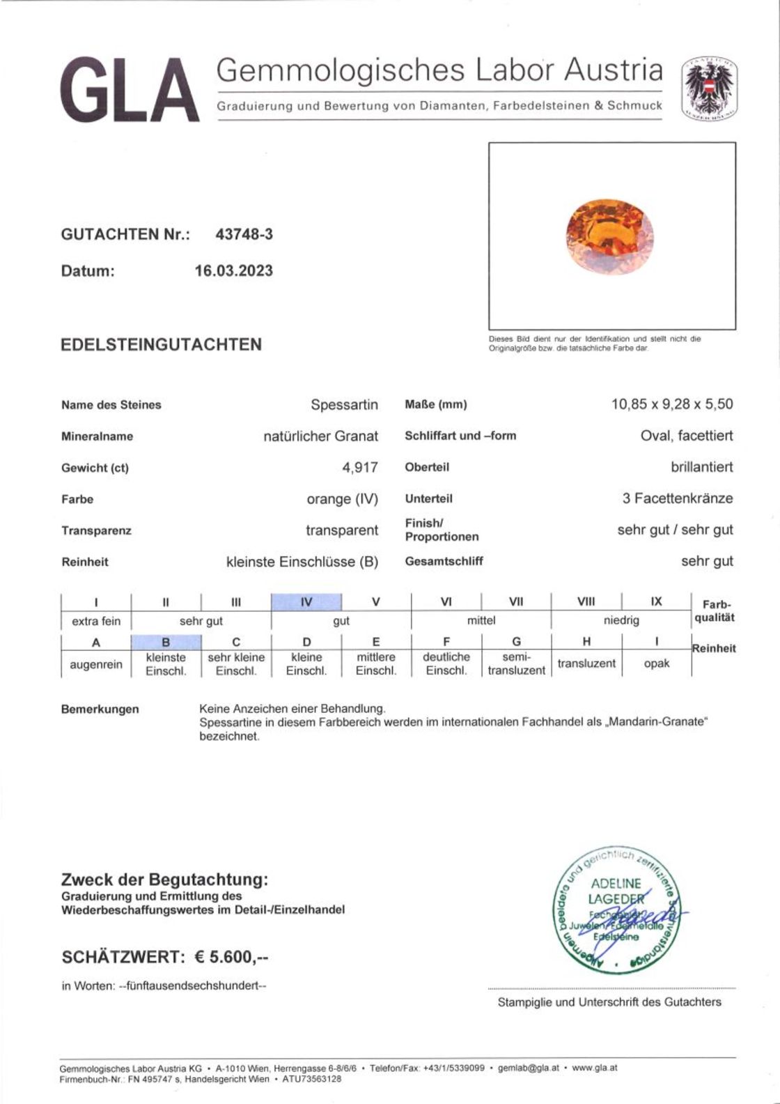 Mandarin Granat Ovalschliff orange 4,917 ct