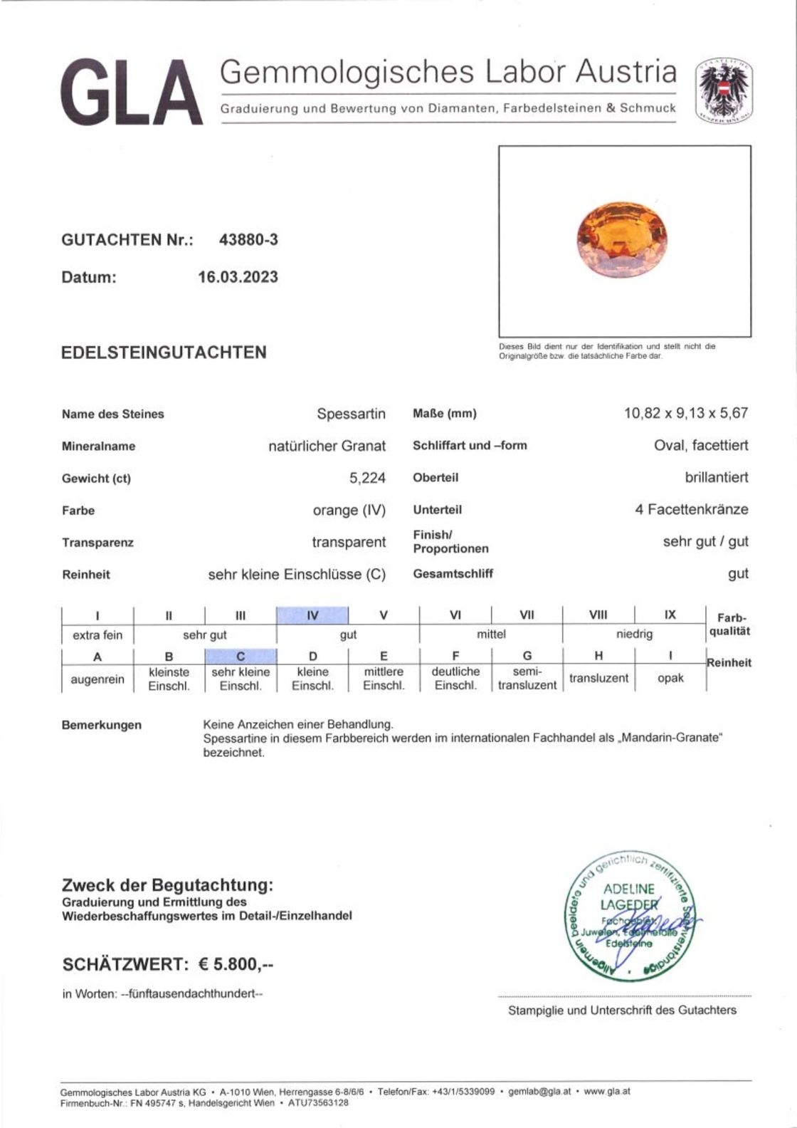 Gutachten zu Mandarin-Granat oval orange 5,22 ct.