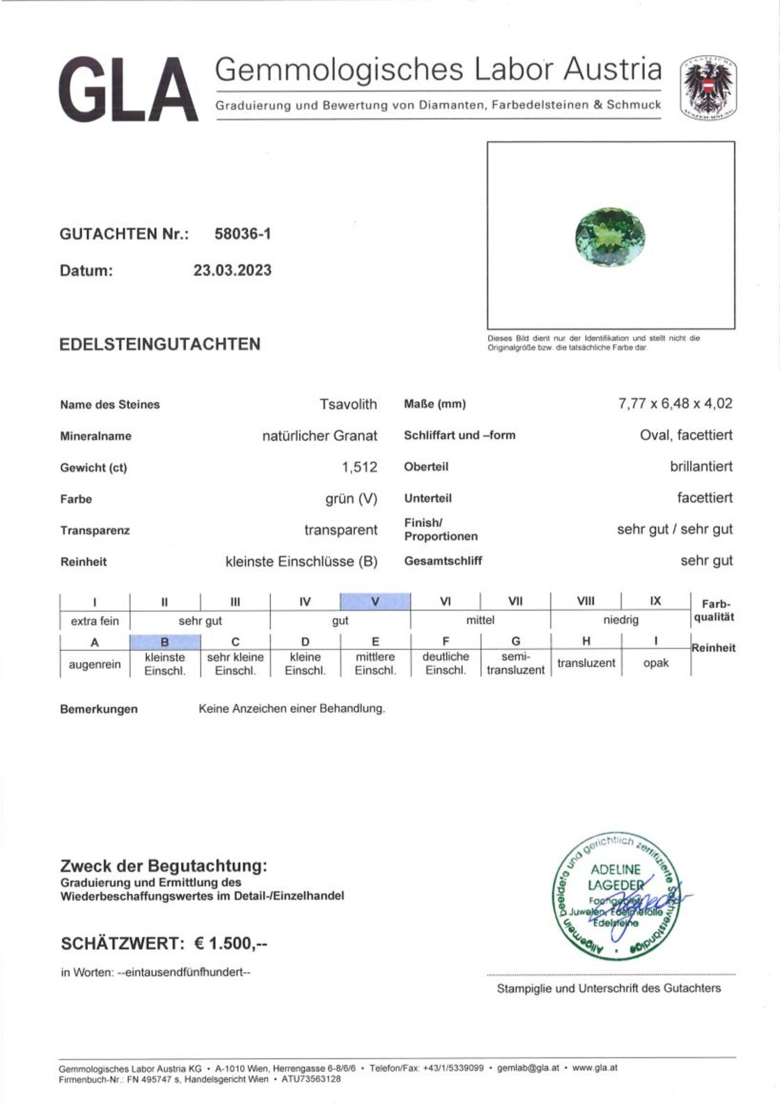 Tsavorit Granat Ovalschliff grün unbehandelt 1,512 ct