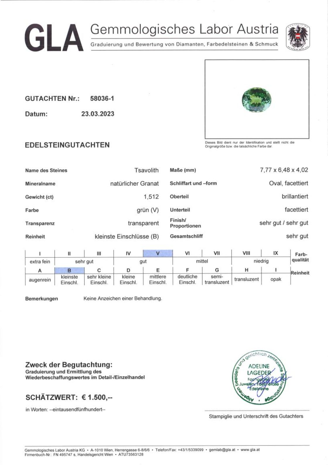 Gutachten zu Tsavorit Granat oval grün 1,51 ct